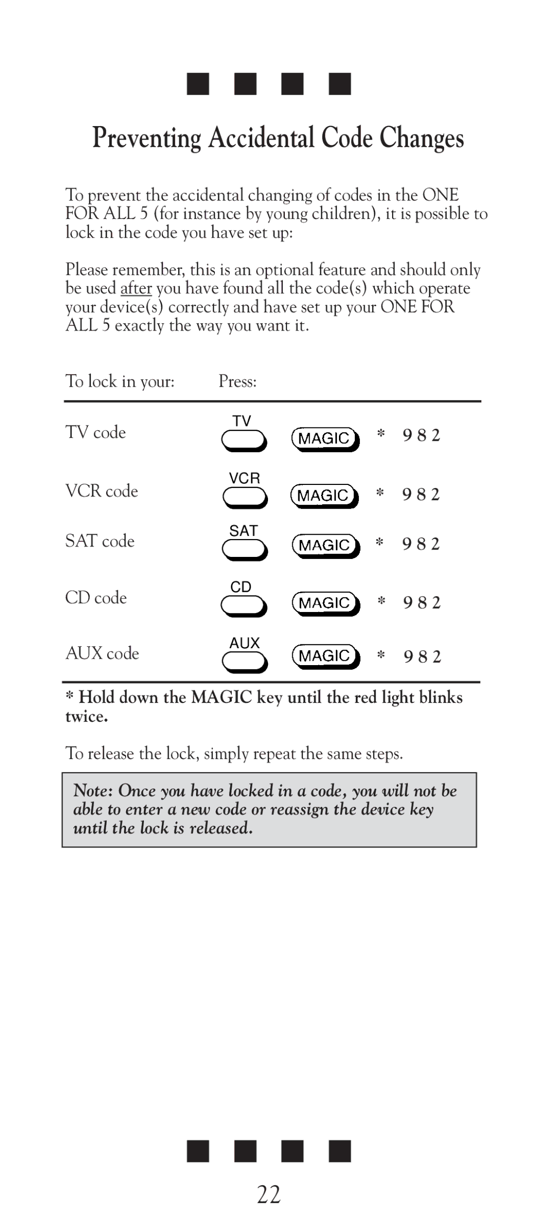 Universal Electronics URC-2505 manual To lock in your, TV code VCR code, SAT code, CD code AUX code 