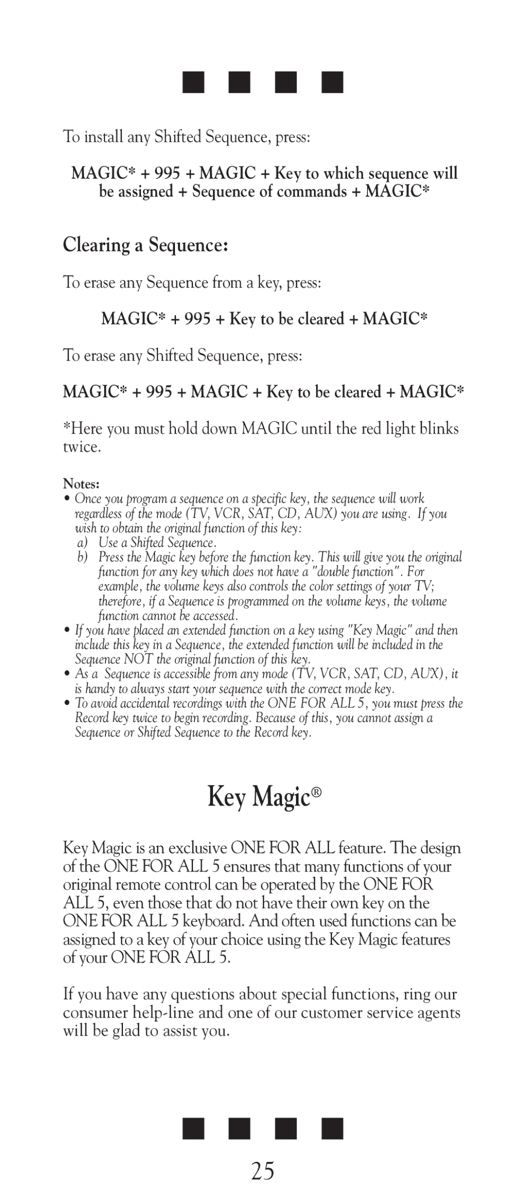 Universal Electronics URC-2505 manual Key Magic, MAGIC* + 995 + Key to be cleared + Magic 