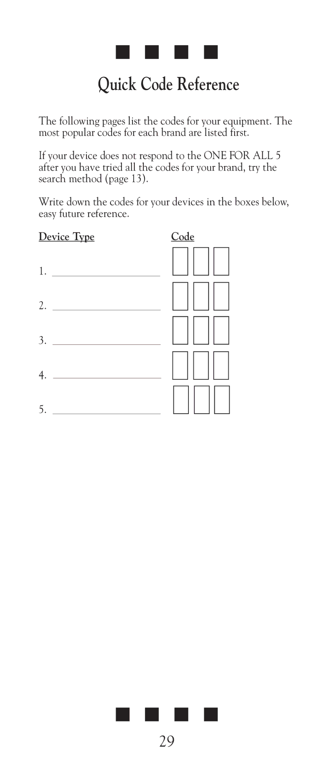 Universal Electronics URC-2505 manual Quick Code Reference, Device Type 