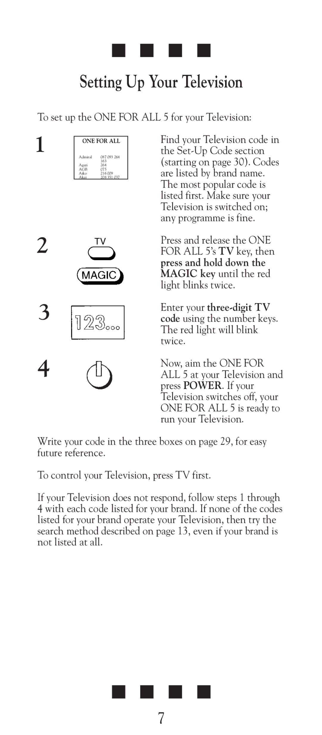 Universal Electronics URC-2505 manual Setting Up Your Television, To set up the ONE for ALL 5 for your Television 