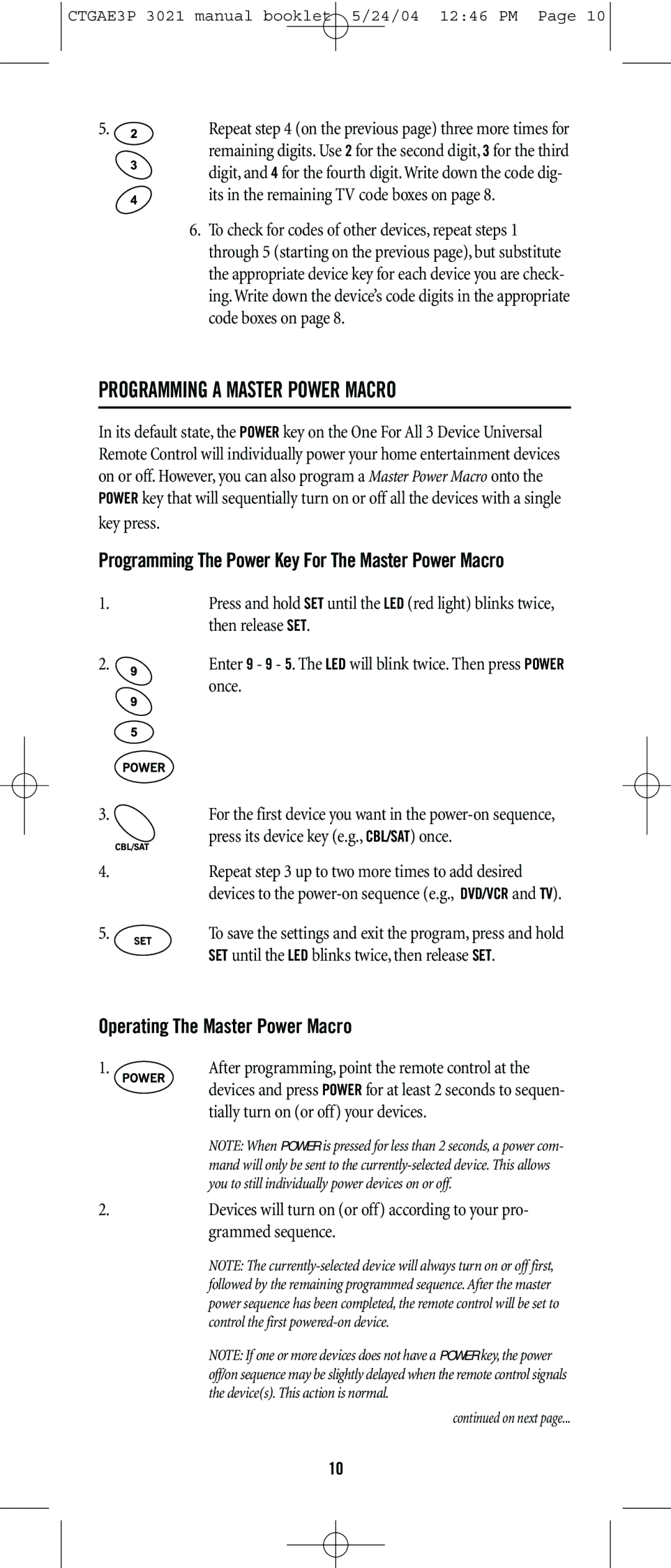 Universal Electronics URC-3021 Programming a Master Power Macro, Programming The Power Key For The Master Power Macro 