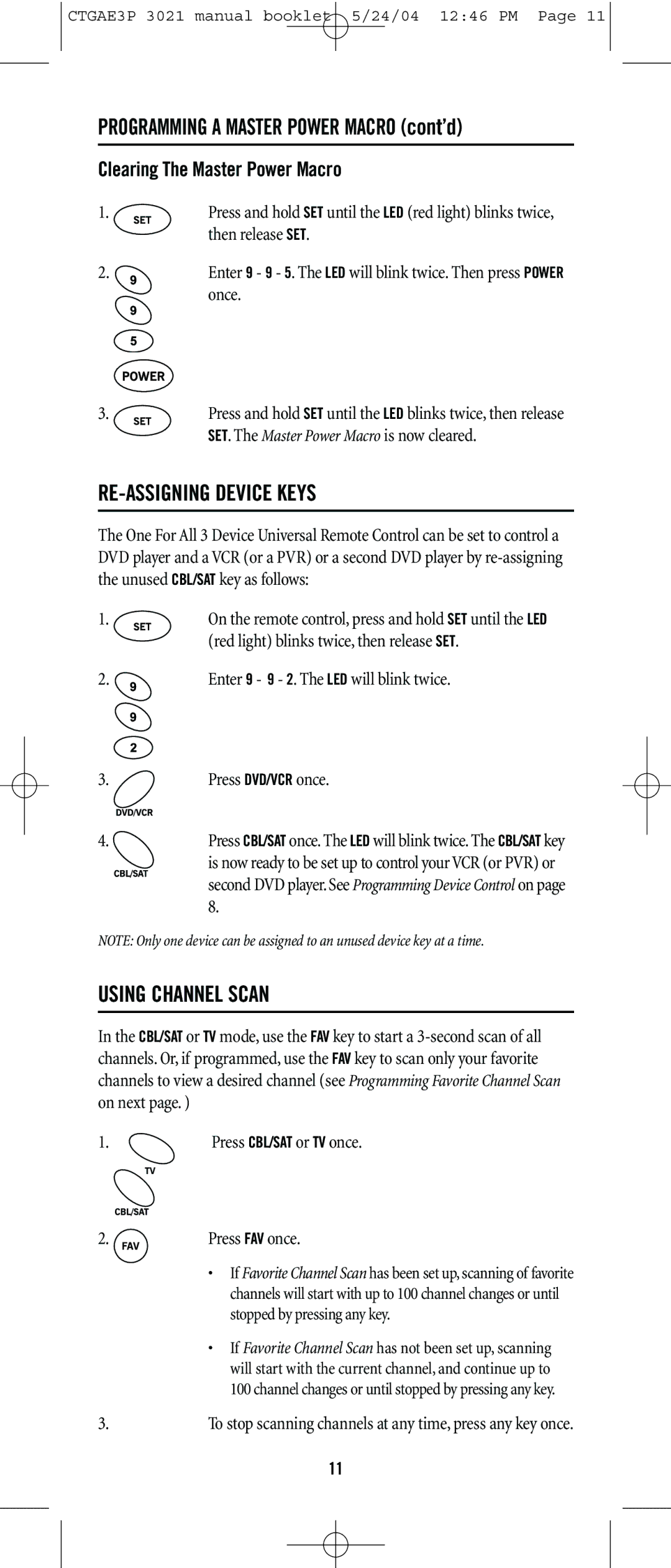 Universal Electronics URC-3021 manual RE-ASSIGNING Device Keys, Using Channel Scan, Clearing The Master Power Macro 