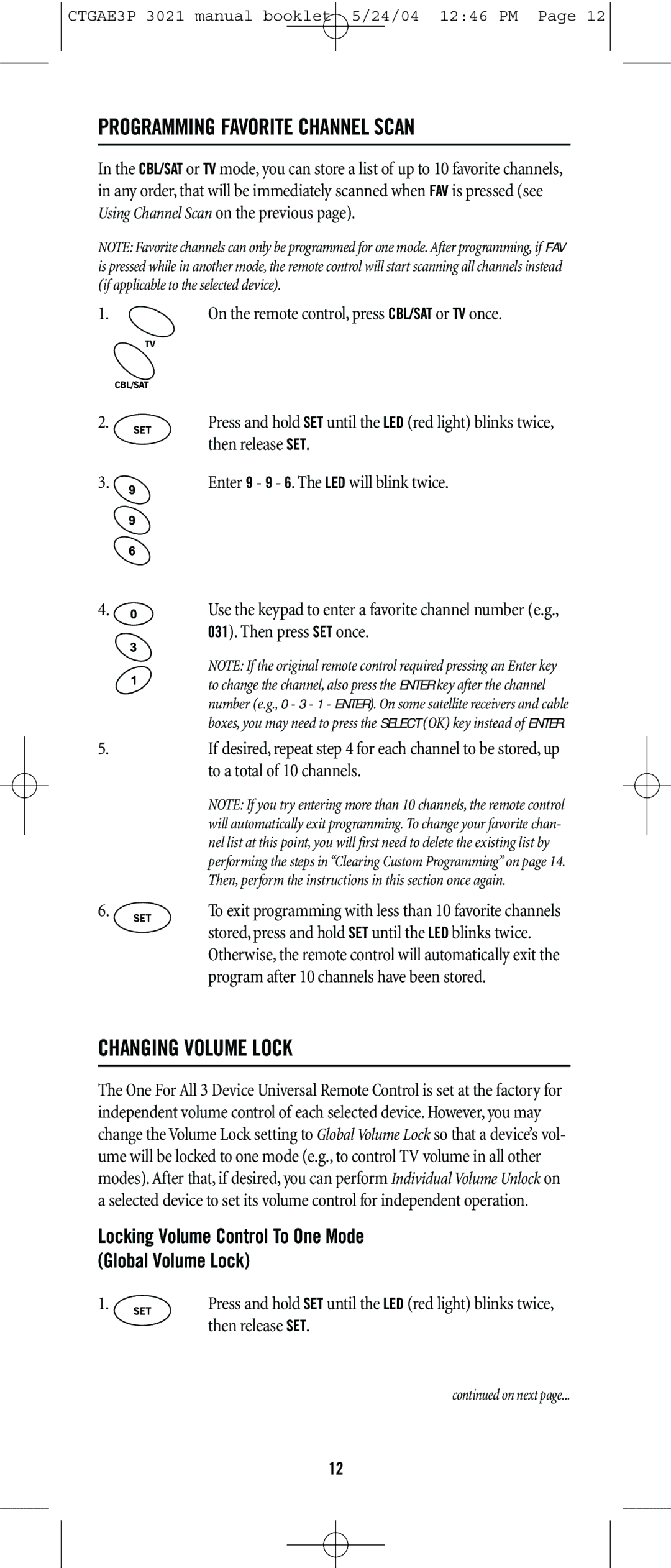 Universal Electronics URC-3021 manual Programming Favorite Channel Scan, Changing Volume Lock 