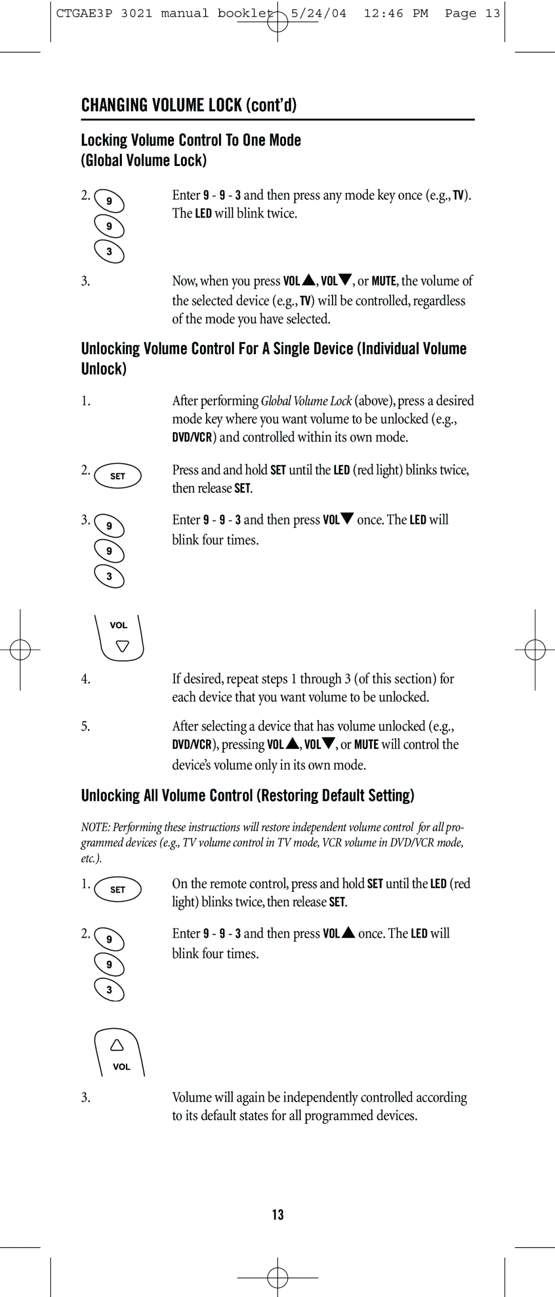 Universal Electronics URC-3021 manual Changing Volume Lock cont’d, Unlocking All Volume Control Restoring Default Setting 