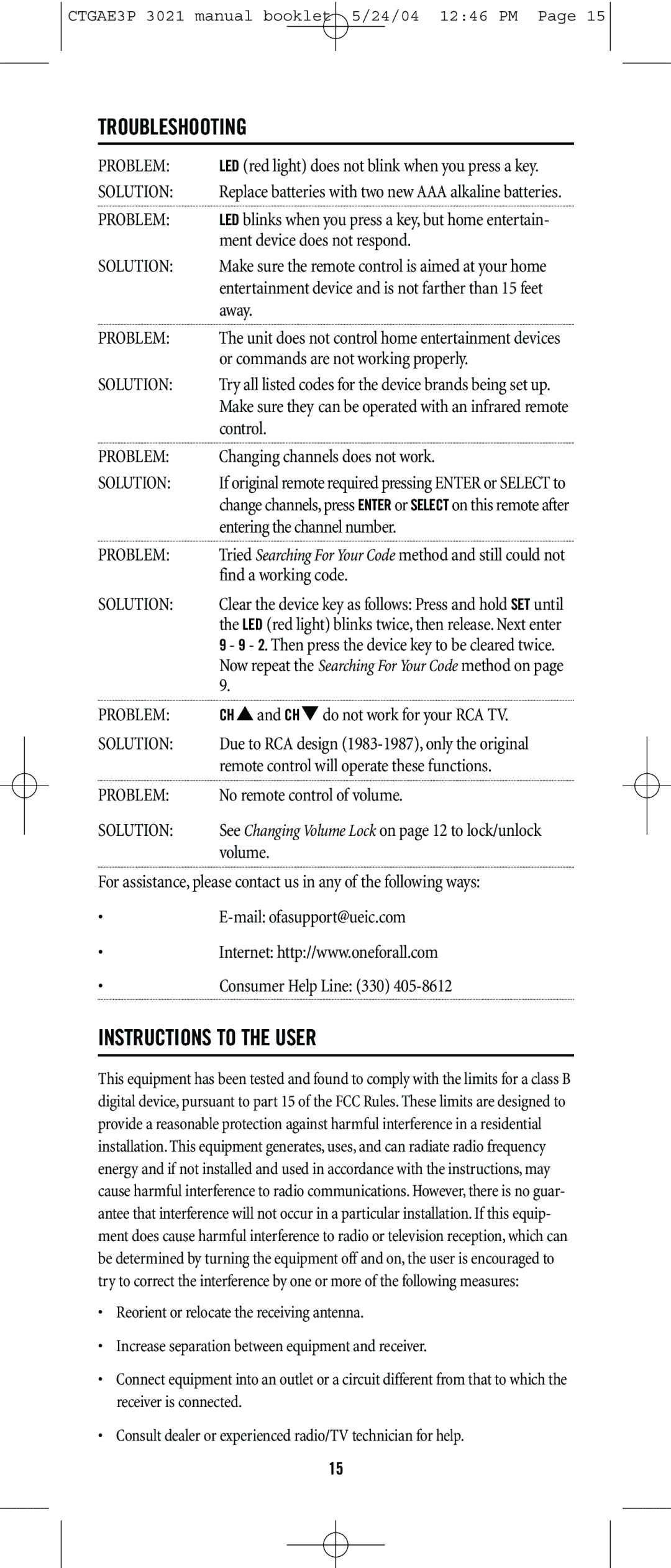 Universal Electronics URC-3021 manual Troubleshooting, Instructions to the User 