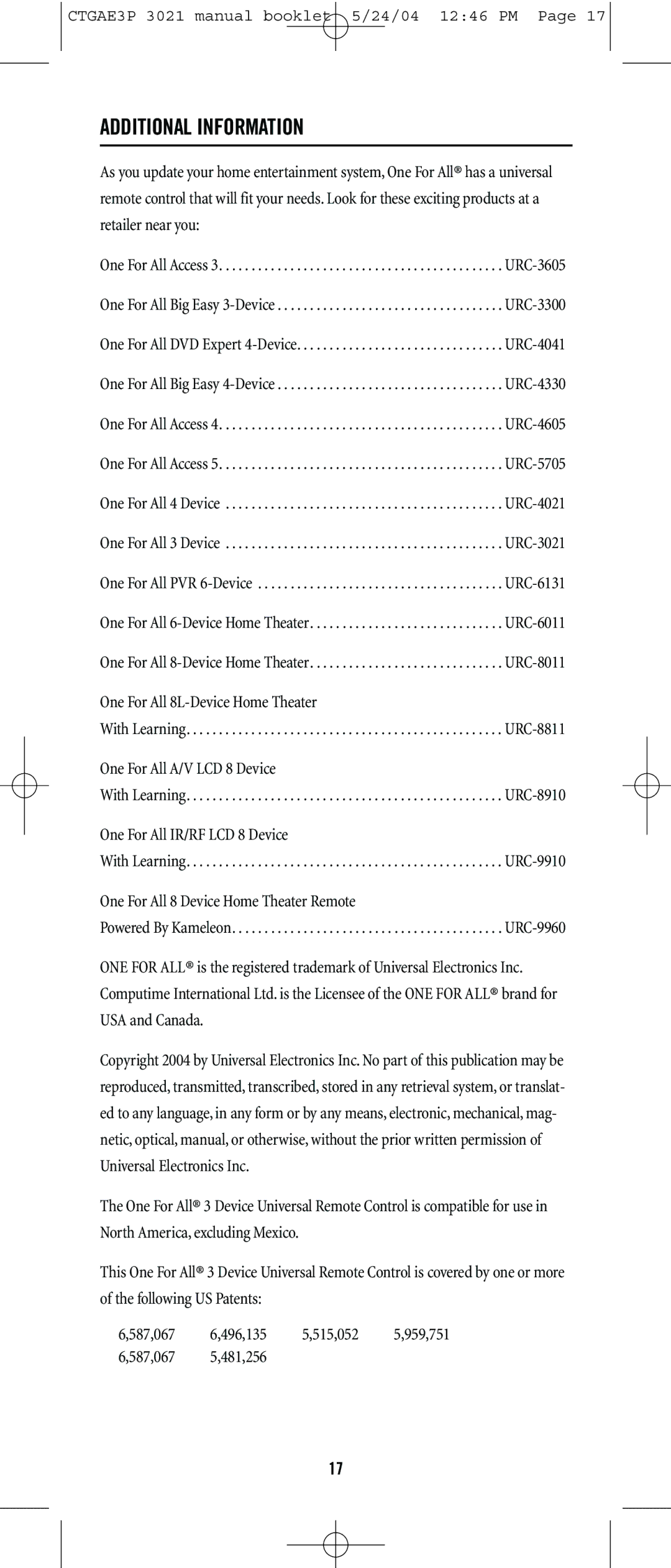 Universal Electronics URC-3021 manual Additional Information, One For All 8L-Device Home Theater 