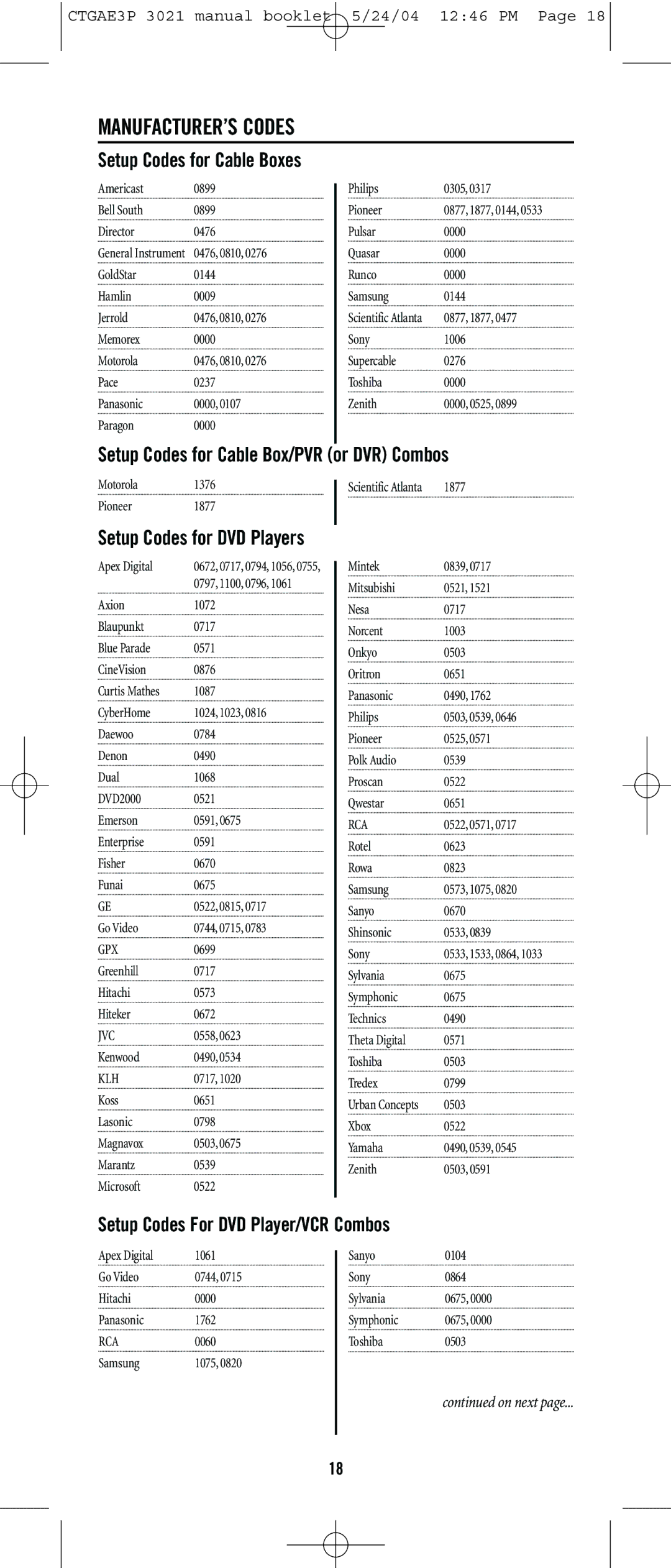 Universal Electronics URC-3021 manual MANUFACTURER’S Codes, Setup Codes for Cable Box/PVR or DVR Combos 