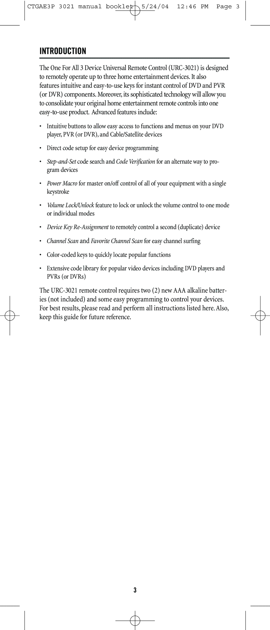 Universal Electronics URC-3021 manual Introduction 