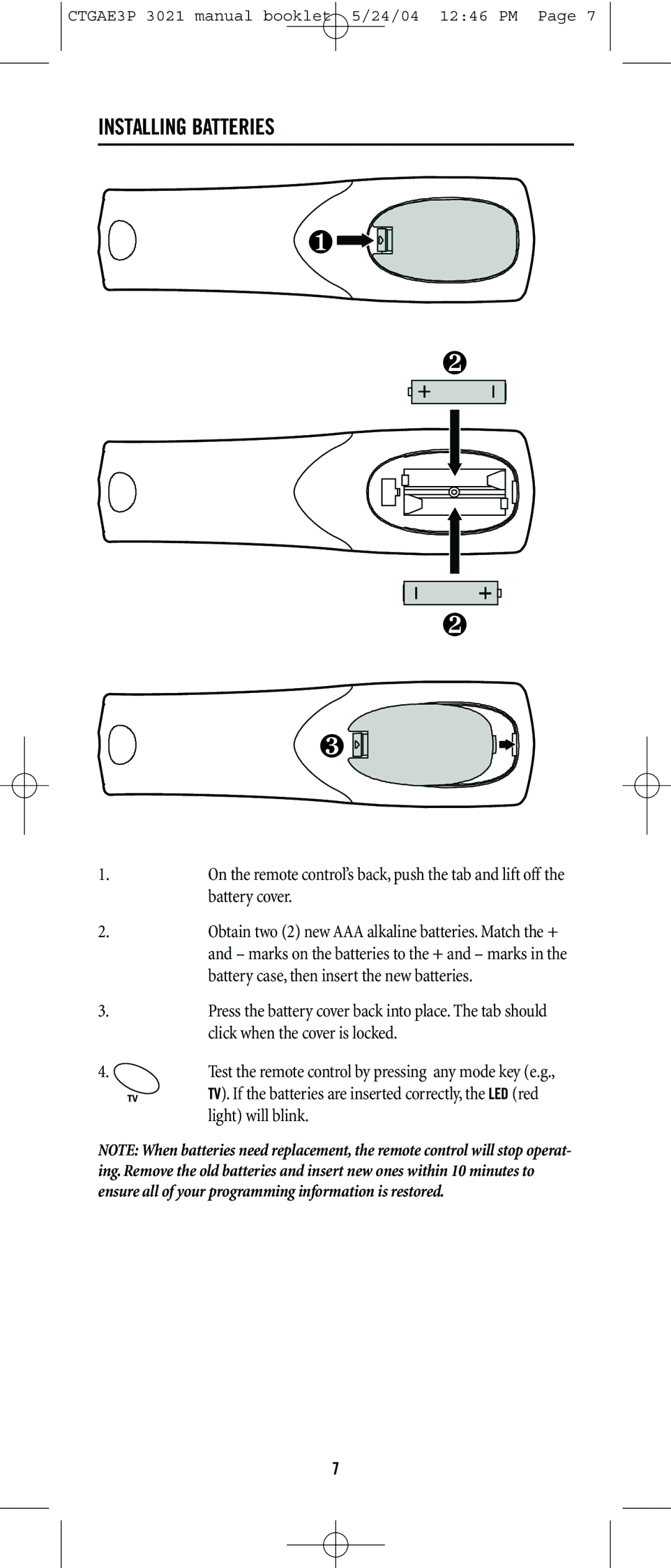 Universal Electronics URC-3021 manual Installing Batteries 