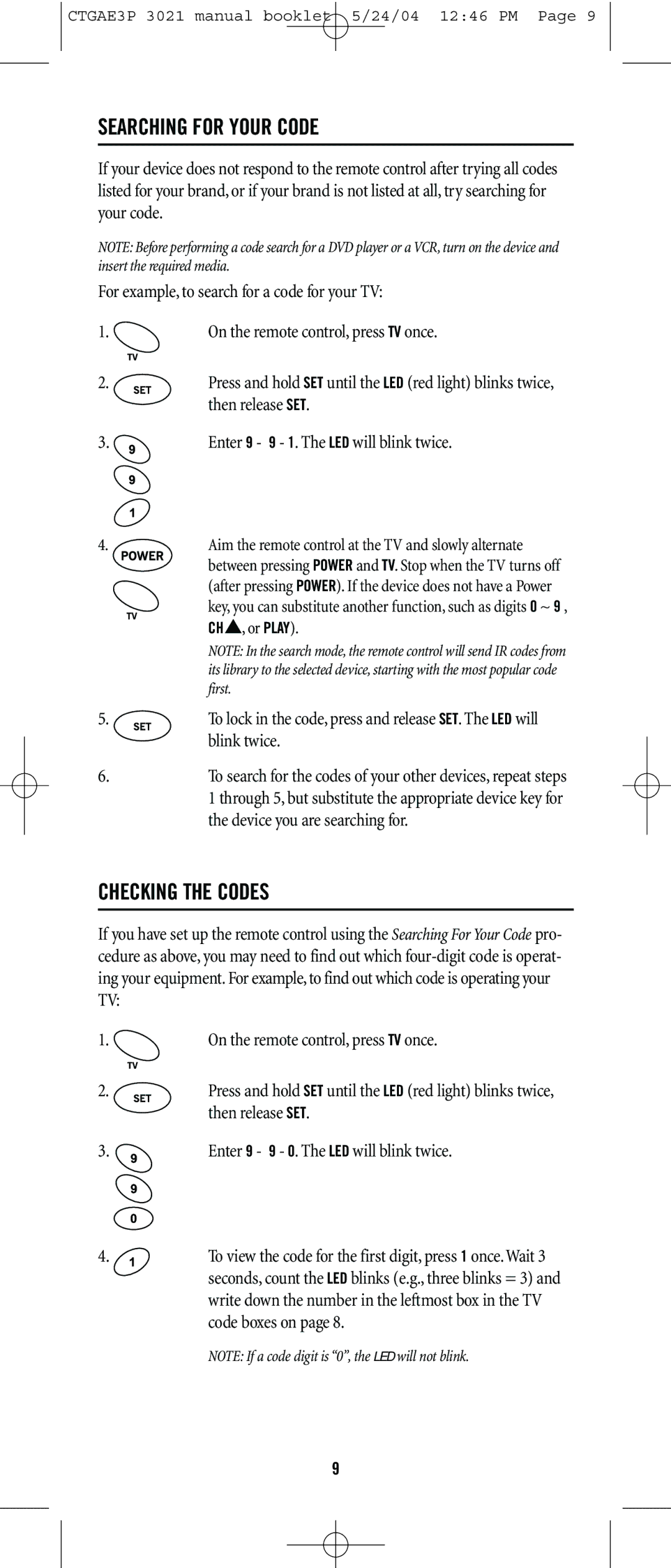 Universal Electronics URC-3021 manual Searching for Your Code, Checking the Codes 