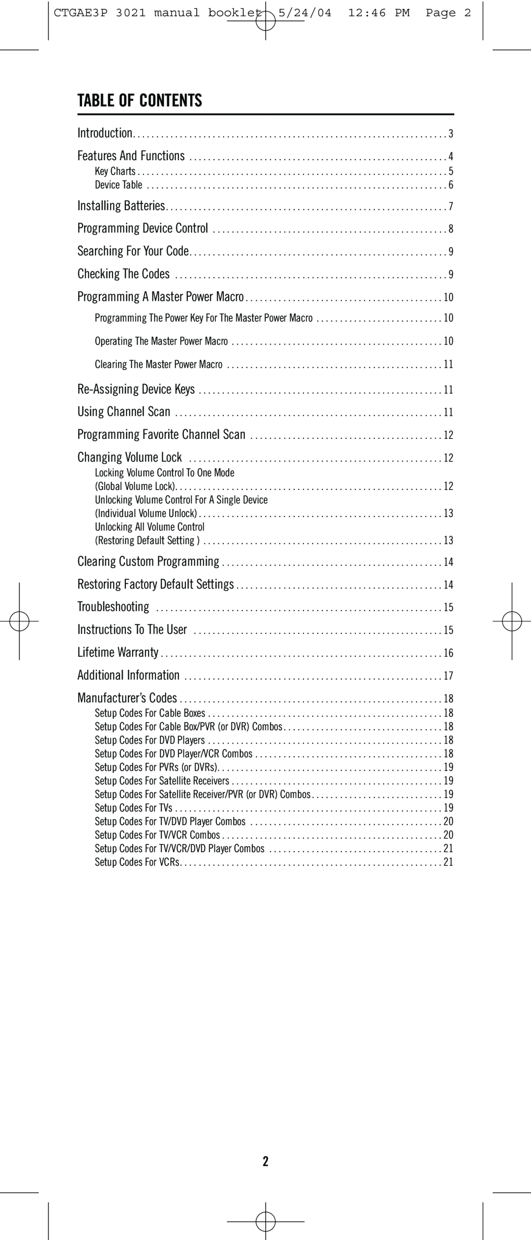 Universal Electronics URC-3021 Table Of Contents, CTGAE3P 3021 manual booklet 5/24/04 1246 PM Page 
