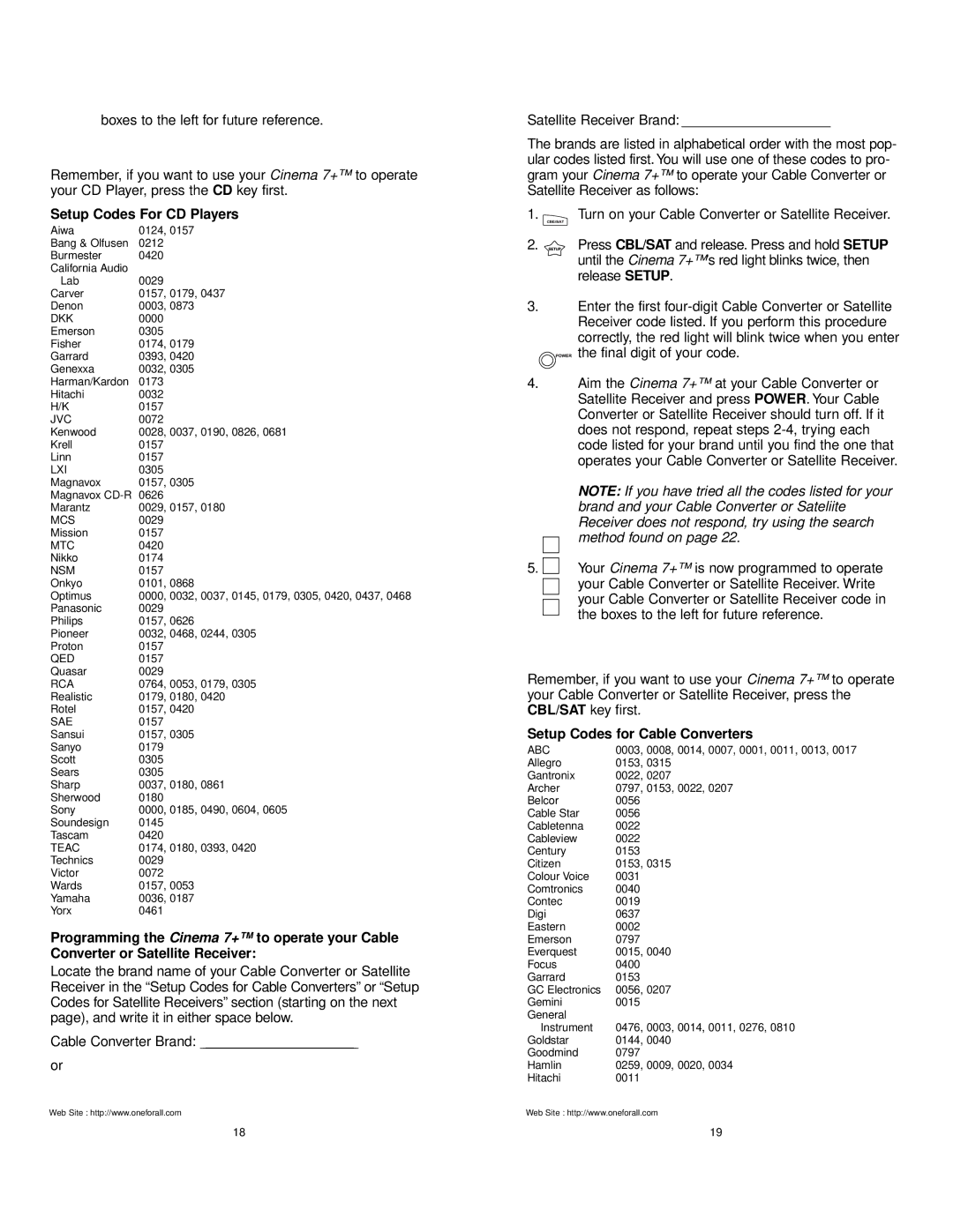 Universal Electronics URC 7800 manual Setup Codes For CD Players, Setup Codes for Cable Converters 