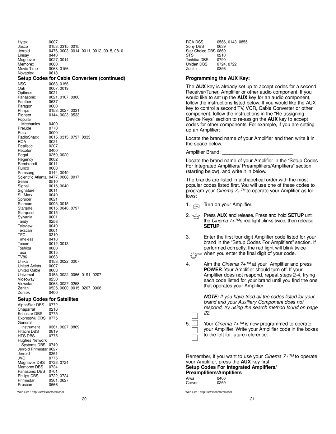 Universal Electronics URC 7800 manual Setup Codes for Satellites, Programming the AUX Key 