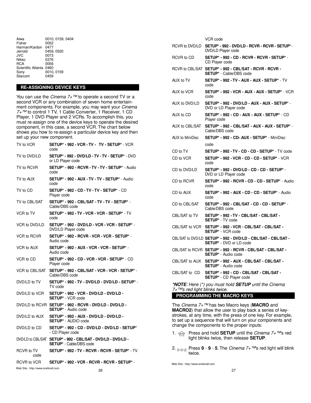 Universal Electronics URC 7800 manual RE-ASSIGNING Device Keys, Programming the Macro Keys 