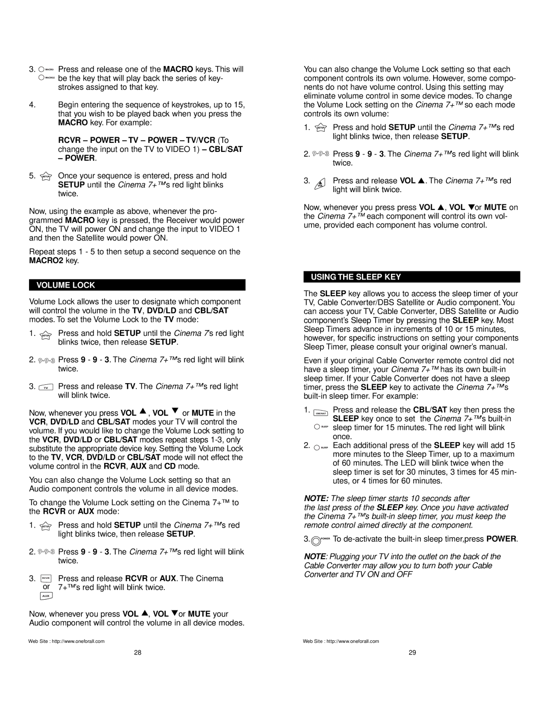 Universal Electronics URC 7800 manual Volume Lock, Using the Sleep KEY 