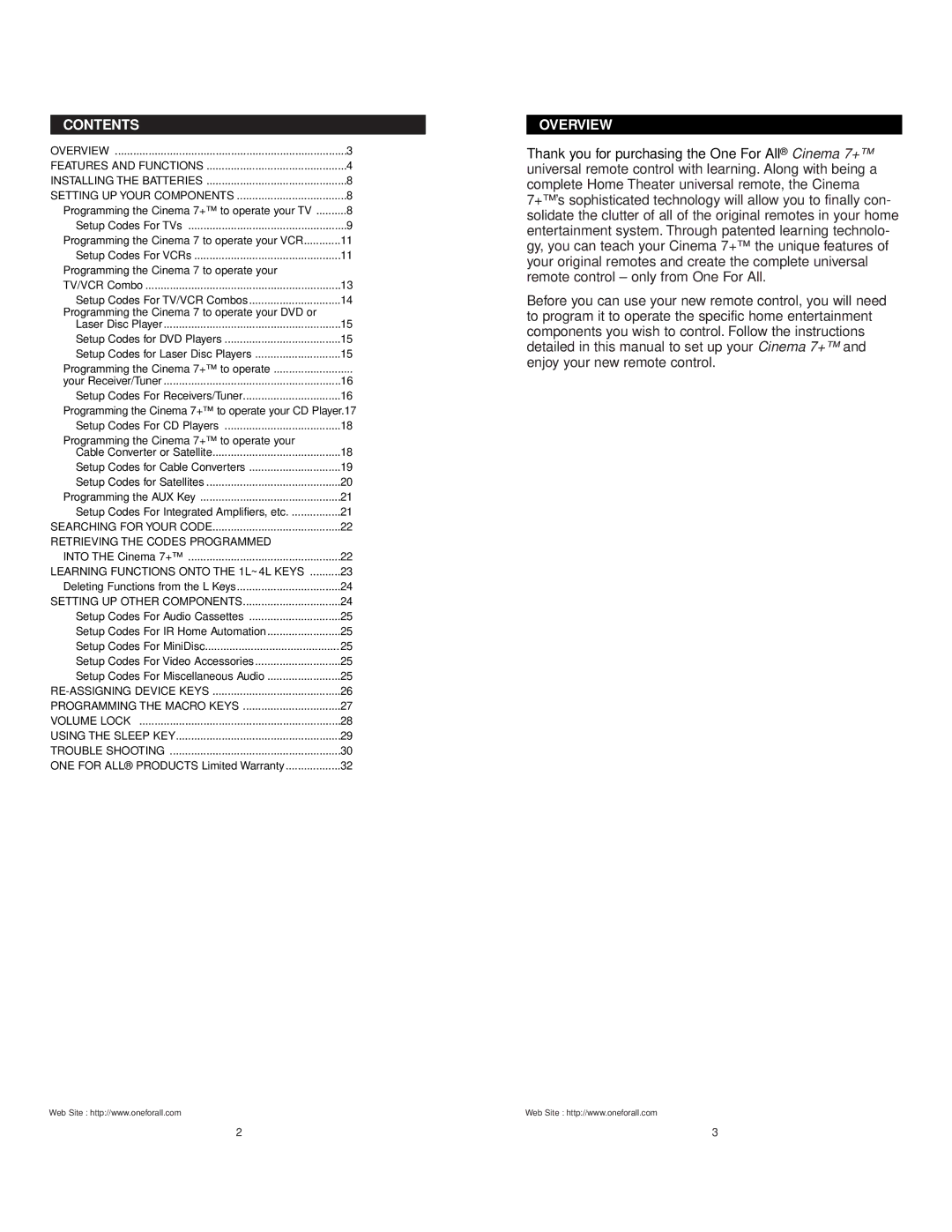 Universal Electronics URC 7800 manual Contents, Overview 