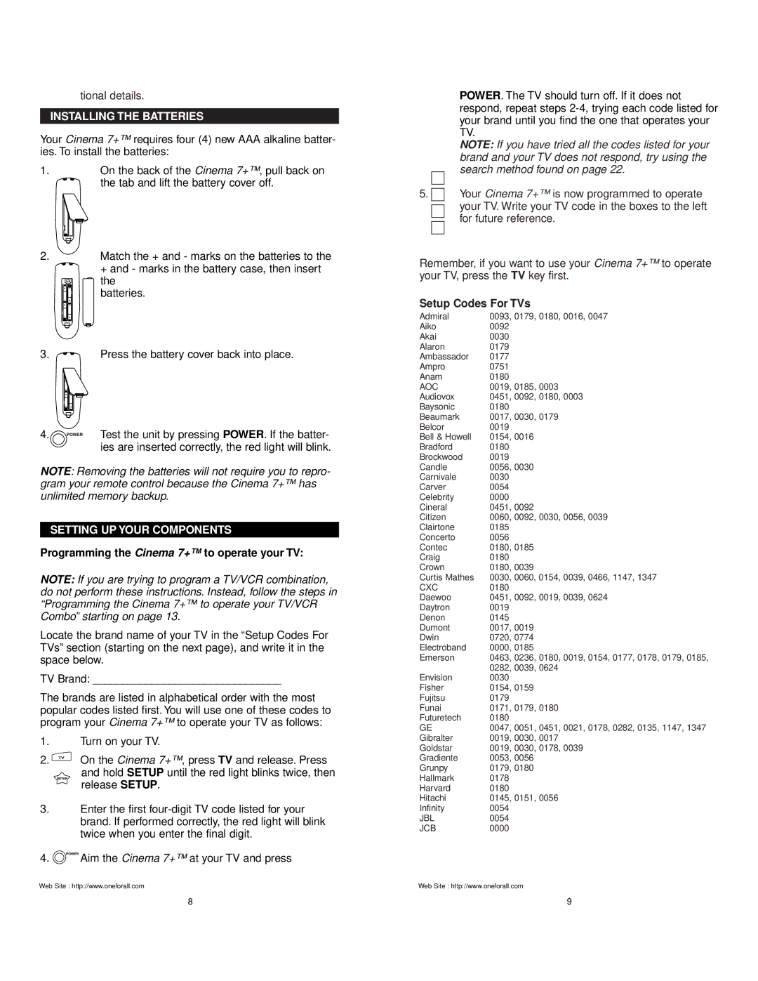 Universal Electronics URC 7800 manual Installing the Batteries, Brand and your TV does not respond, try using 