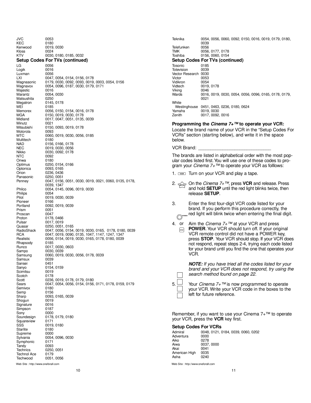 Universal Electronics URC 7800 manual Programming the Cinema 7+ to operate your VCR, Setup Codes For VCRs 