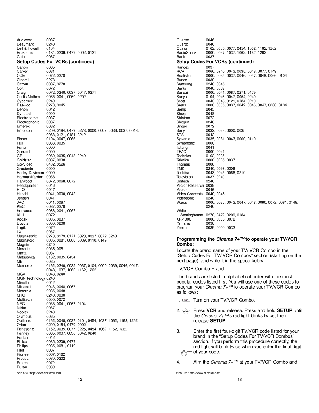 Universal Electronics URC 7800 manual Programming the Cinema 7+ to operate your TV/VCR Combo 