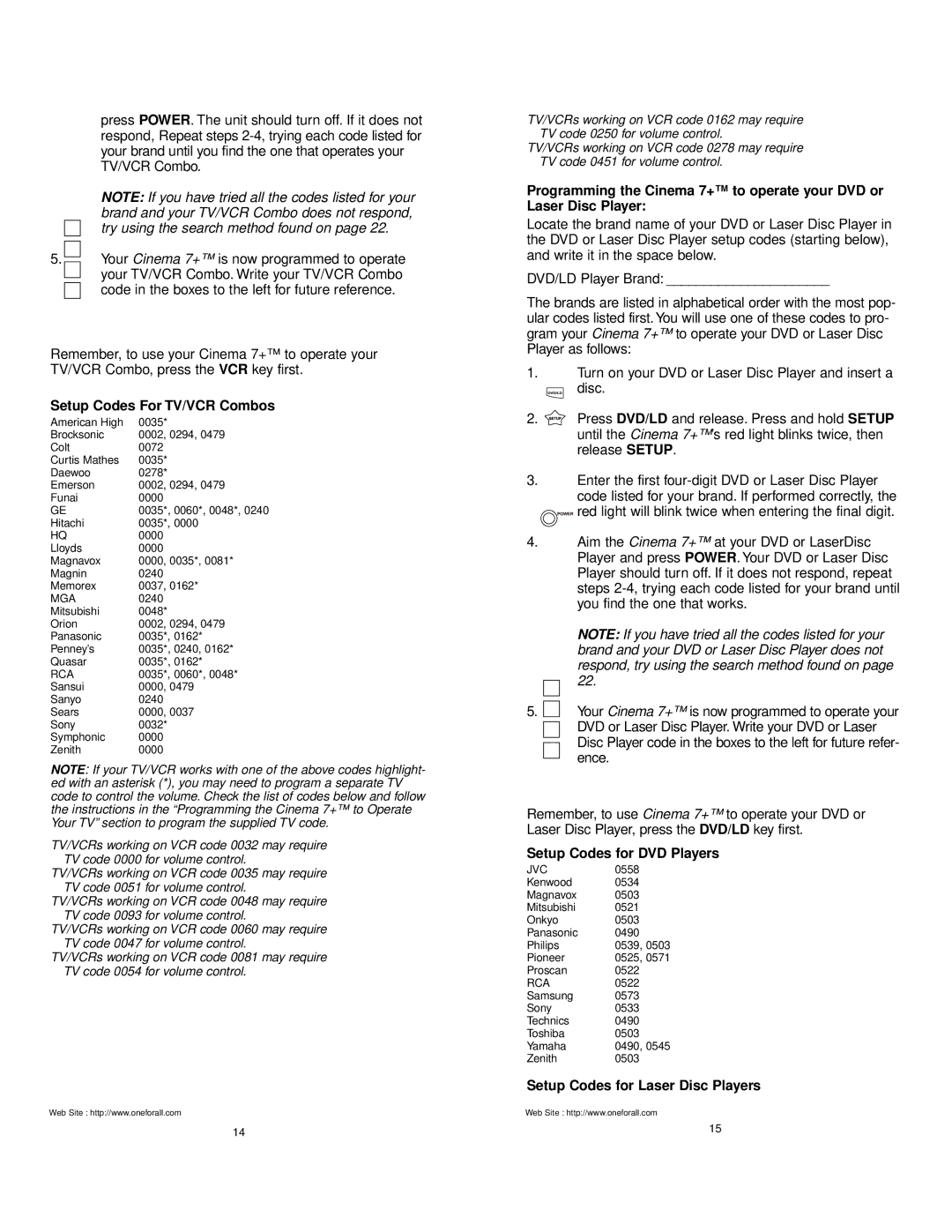 Universal Electronics URC 7800 manual Setup Codes For TV/VCR Combos, Setup Codes for DVD Players 