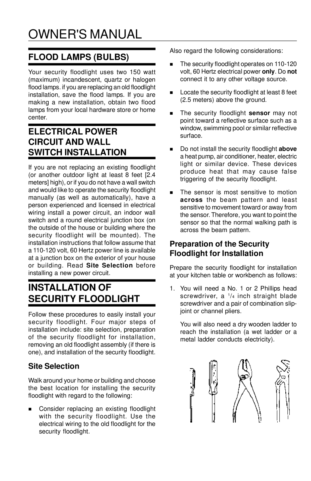 Universal HE-112W, HE-117-2B, HE-100BW Installation of Security Floodlight, Flood Lamps Bulbs, Site Selection 