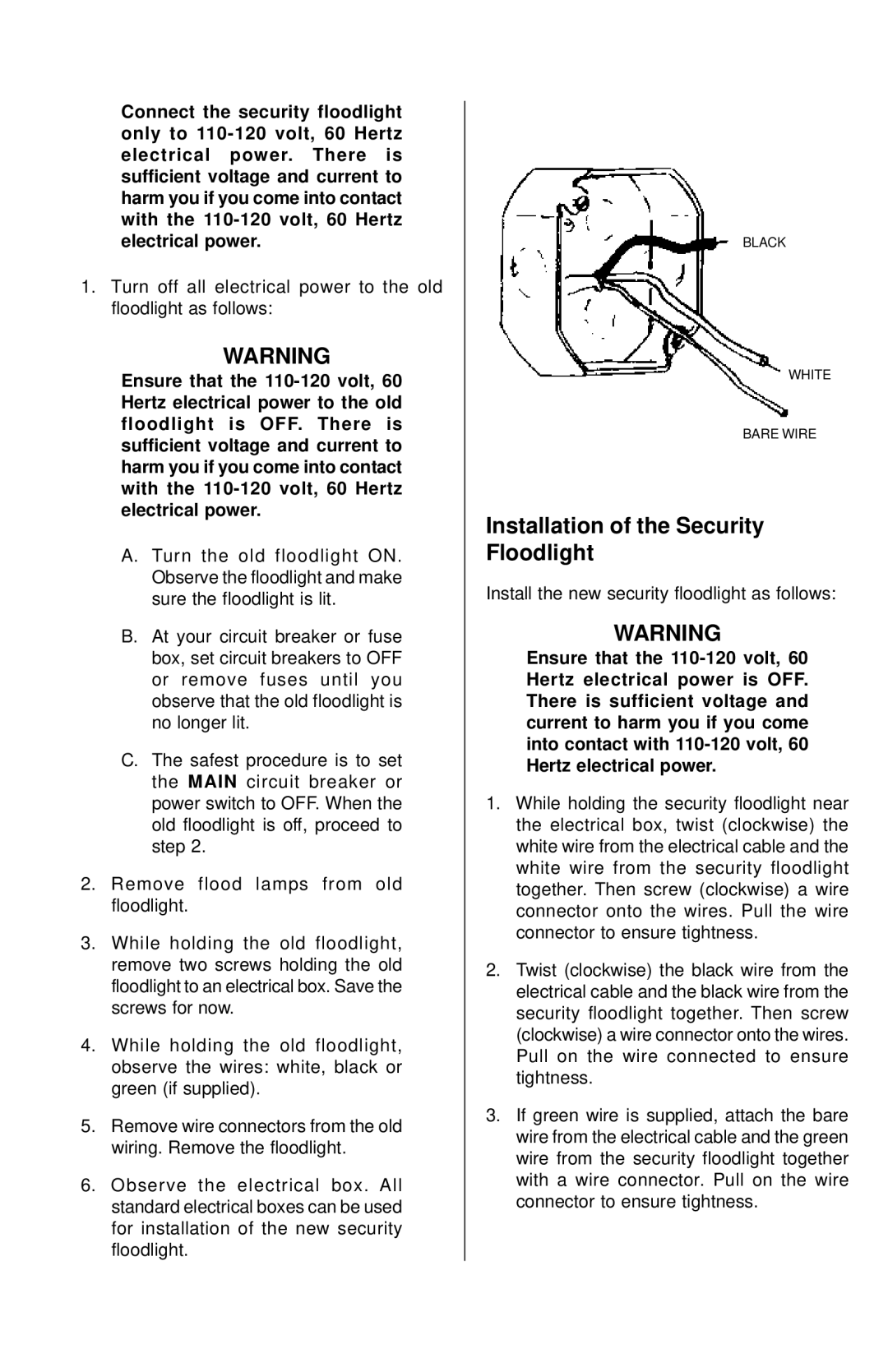 Universal HE-117-2B, HE-112W, HE-100BW, HE-117W owner manual Installation of the Security Floodlight 