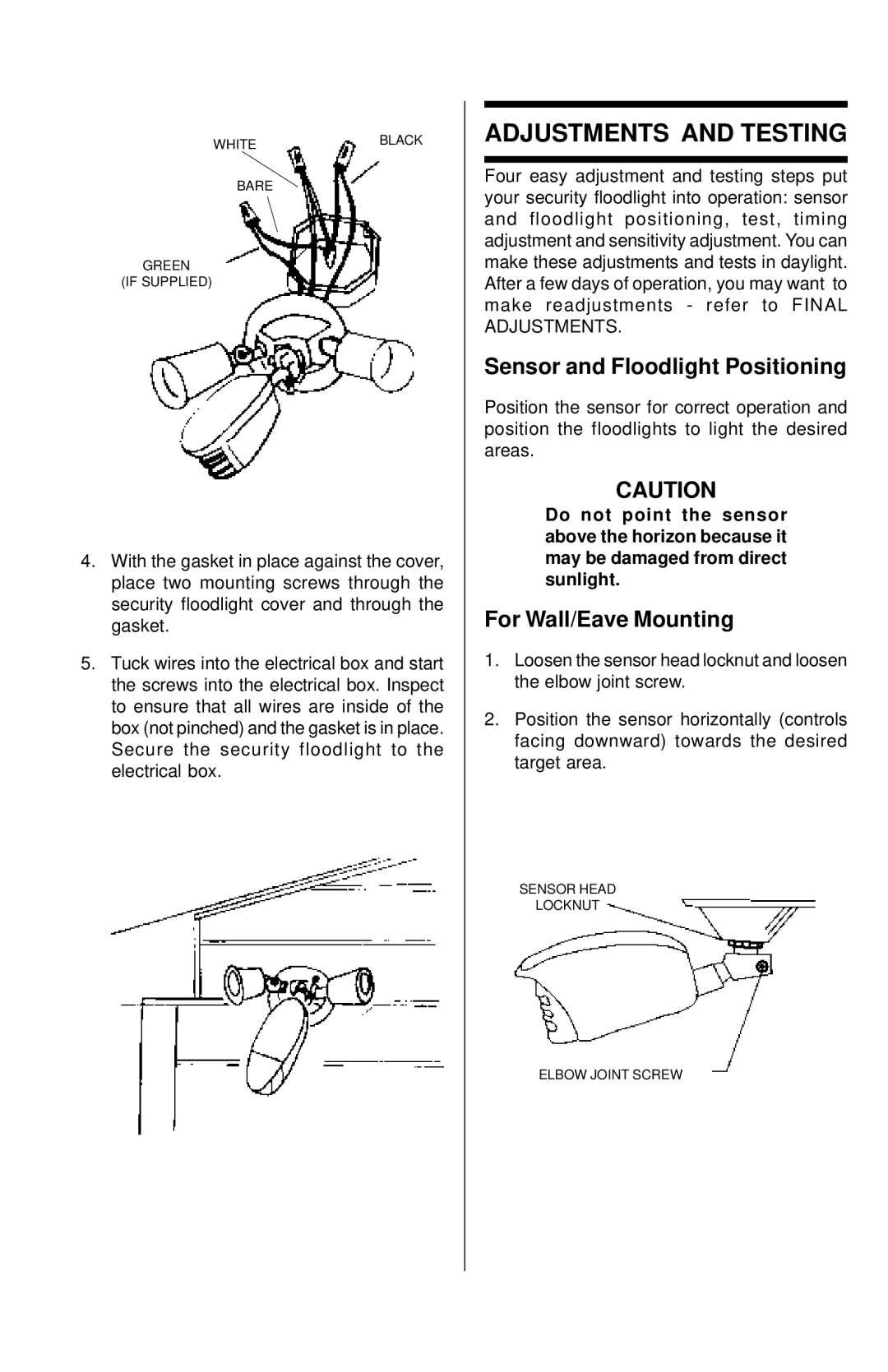 Universal HE-100BW, HE-117, HE-112 Adjustments and Testing, Sensor and Floodlight Positioning, For Wall/Eave Mounting 