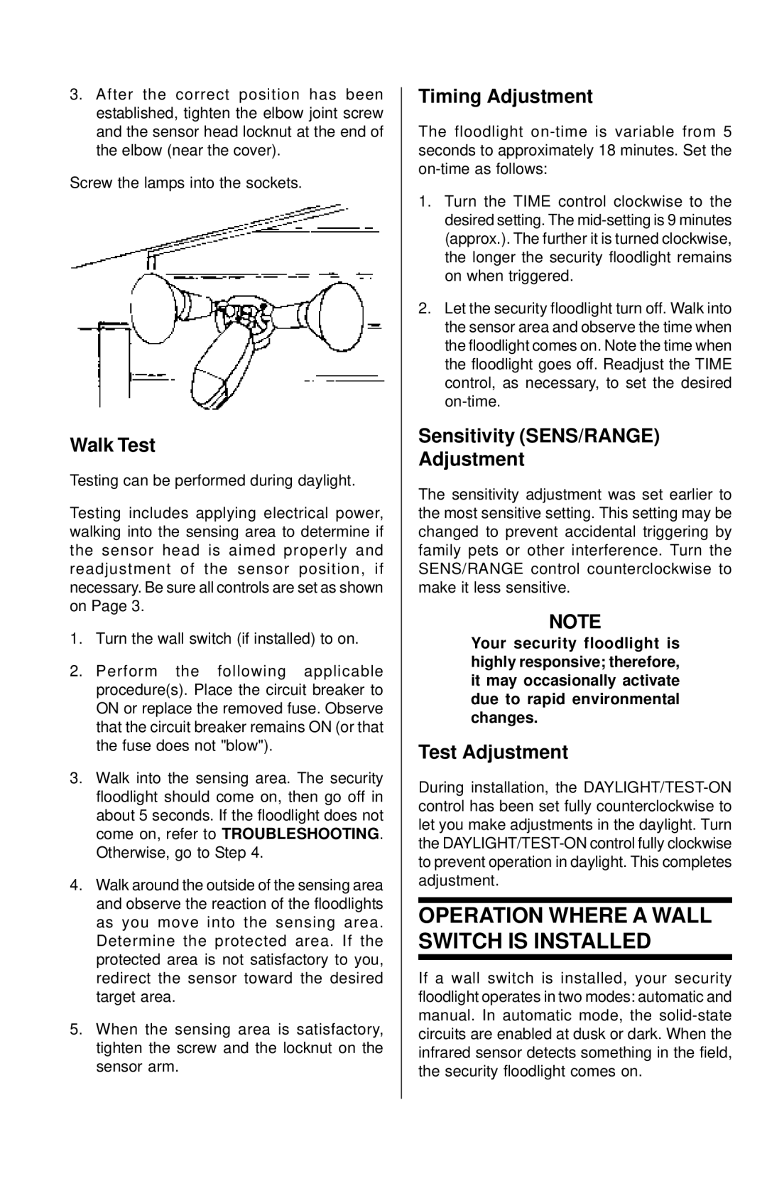 Universal HE-117W, HE-112 Operation Where a Wall Switch is Installed, Walk Test, Timing Adjustment, Test Adjustment 