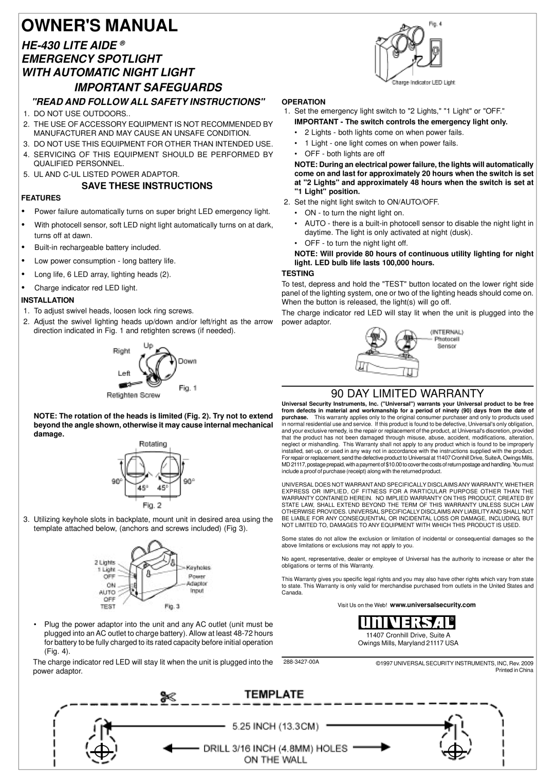 Universal HE-430 owner manual DAY Limited Warranty, Read and Follow ALL Safety Instructions 