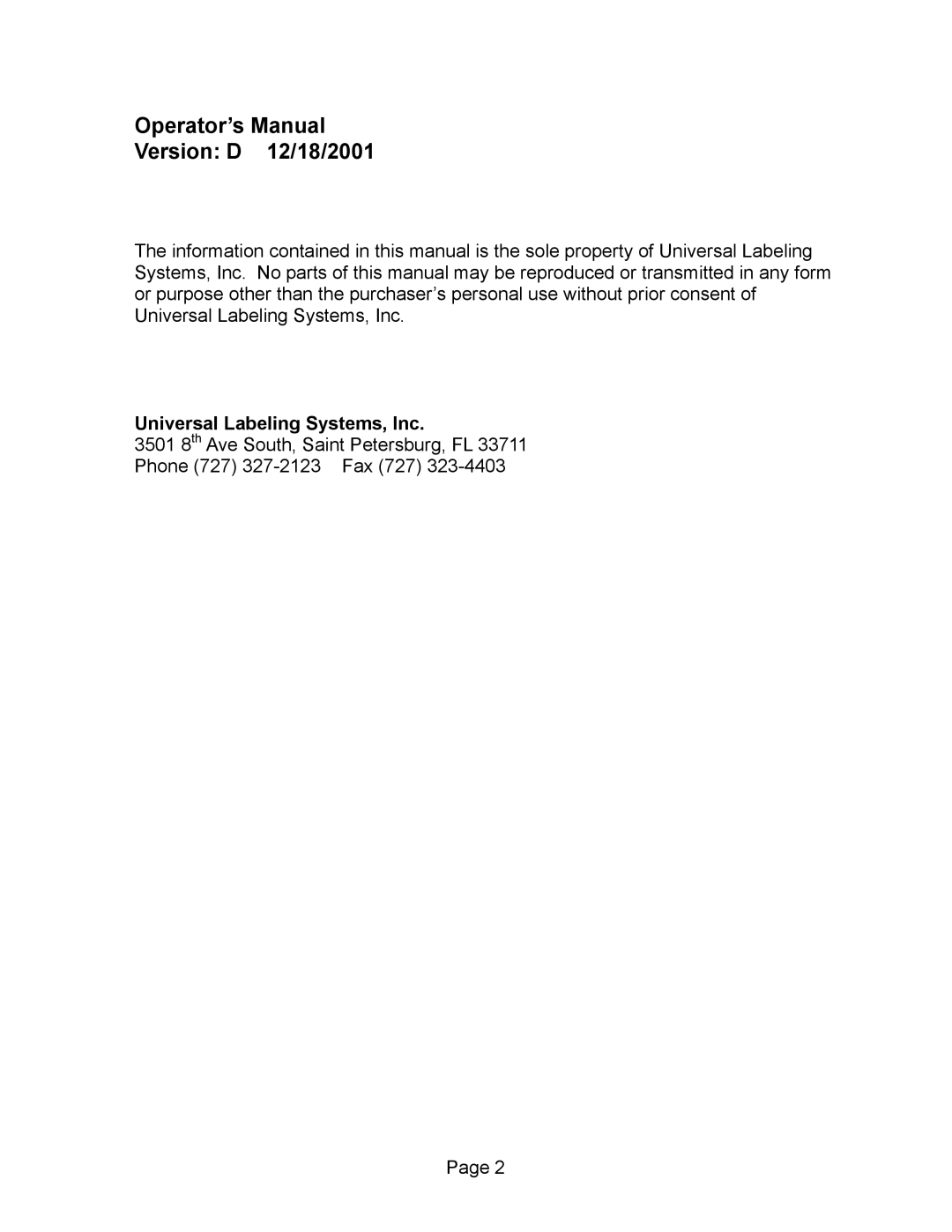 Universal L60 manual Operator’s Manual Version D 12/18/2001, Universal Labeling Systems, Inc 