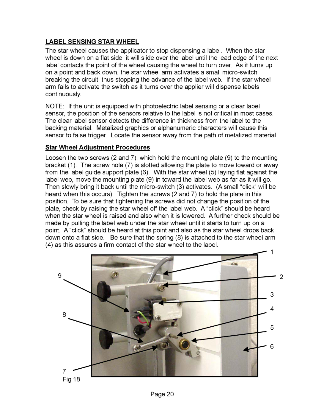 Universal L60 manual Label Sensing Star Wheel, Star Wheel Adjustment Procedures 