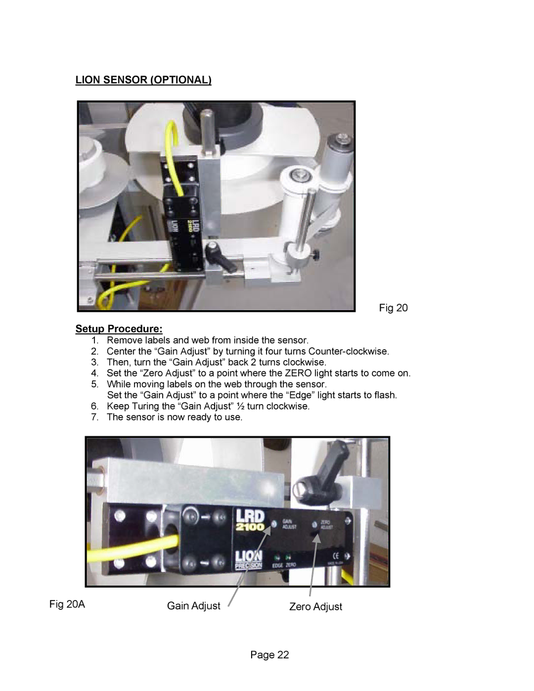 Universal L60 manual Lion Sensor Optional, Setup Procedure 