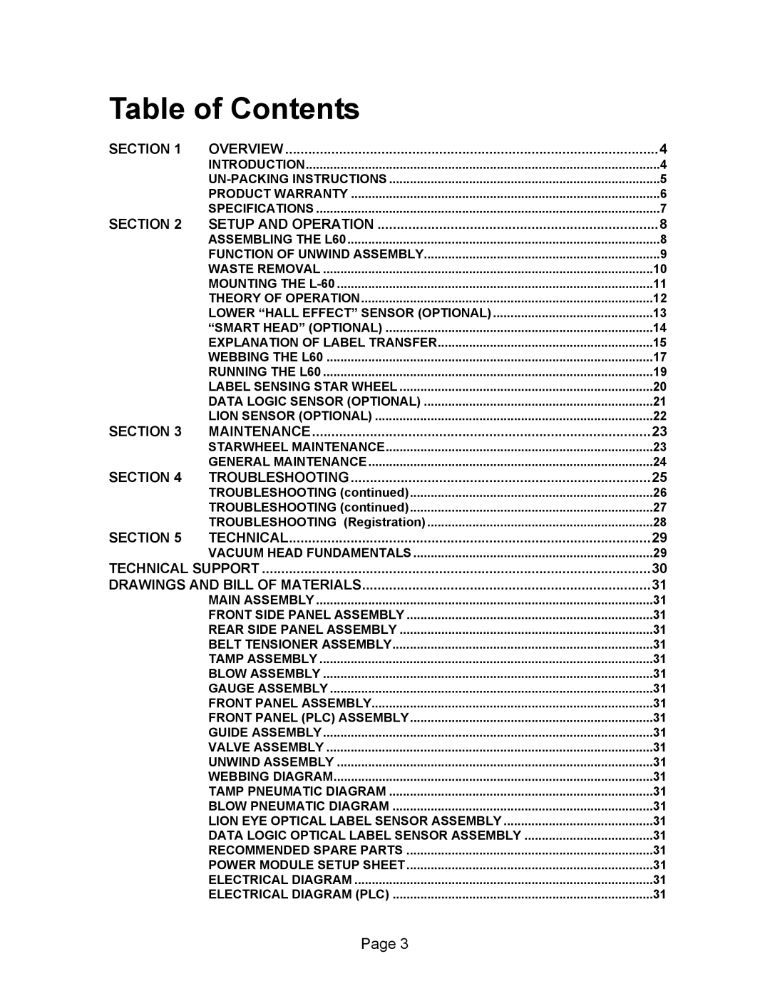 Universal L60 manual Table of Contents 