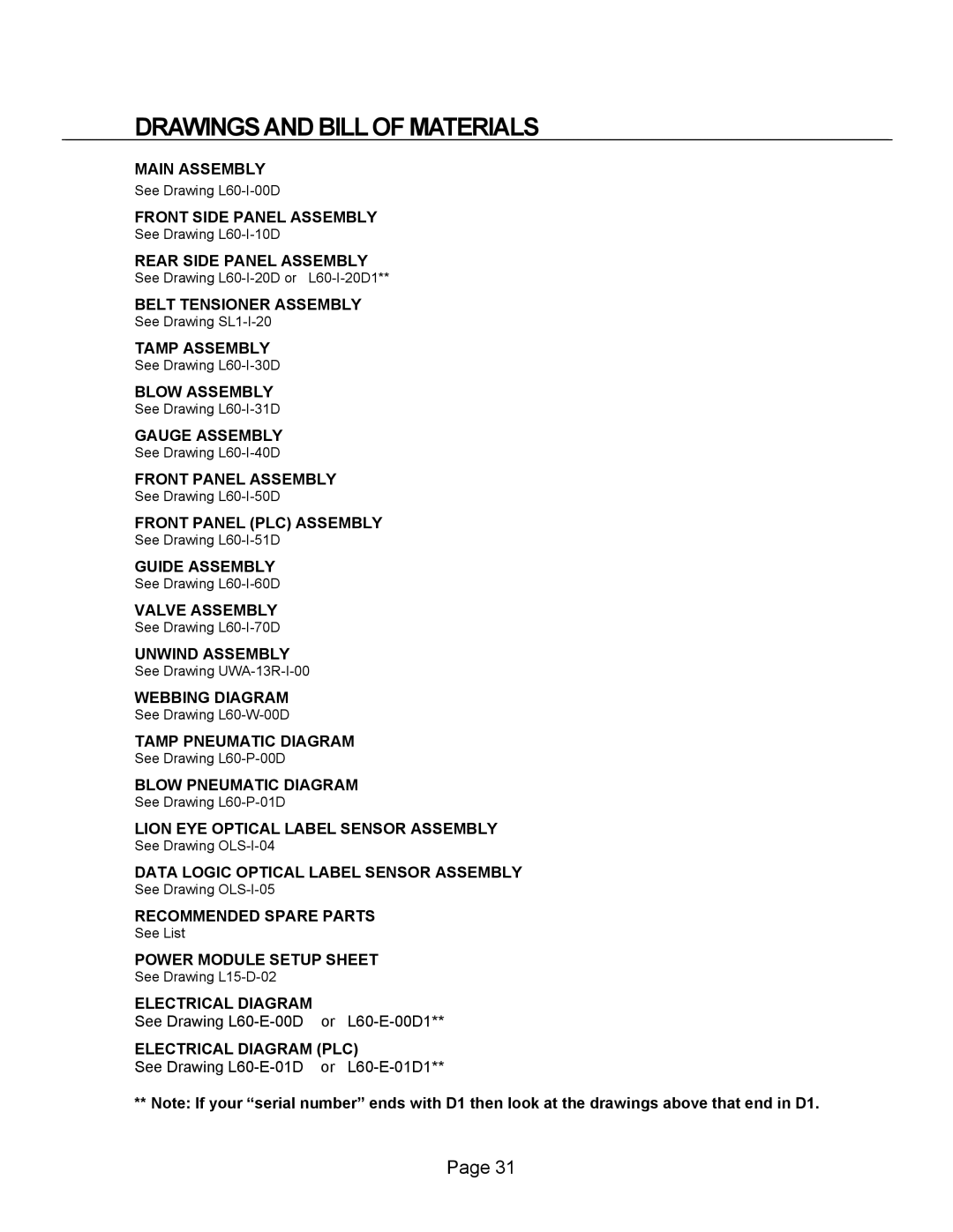 Universal L60 manual Drawings and Bill of Materials 