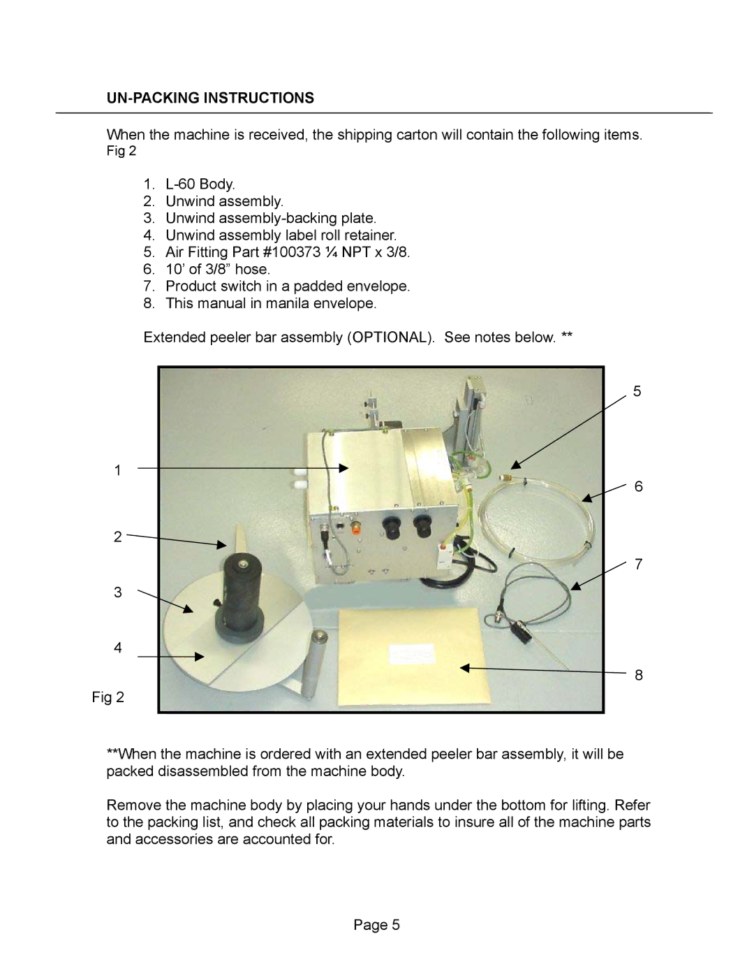 Universal L60 manual UN-PACKING Instructions 