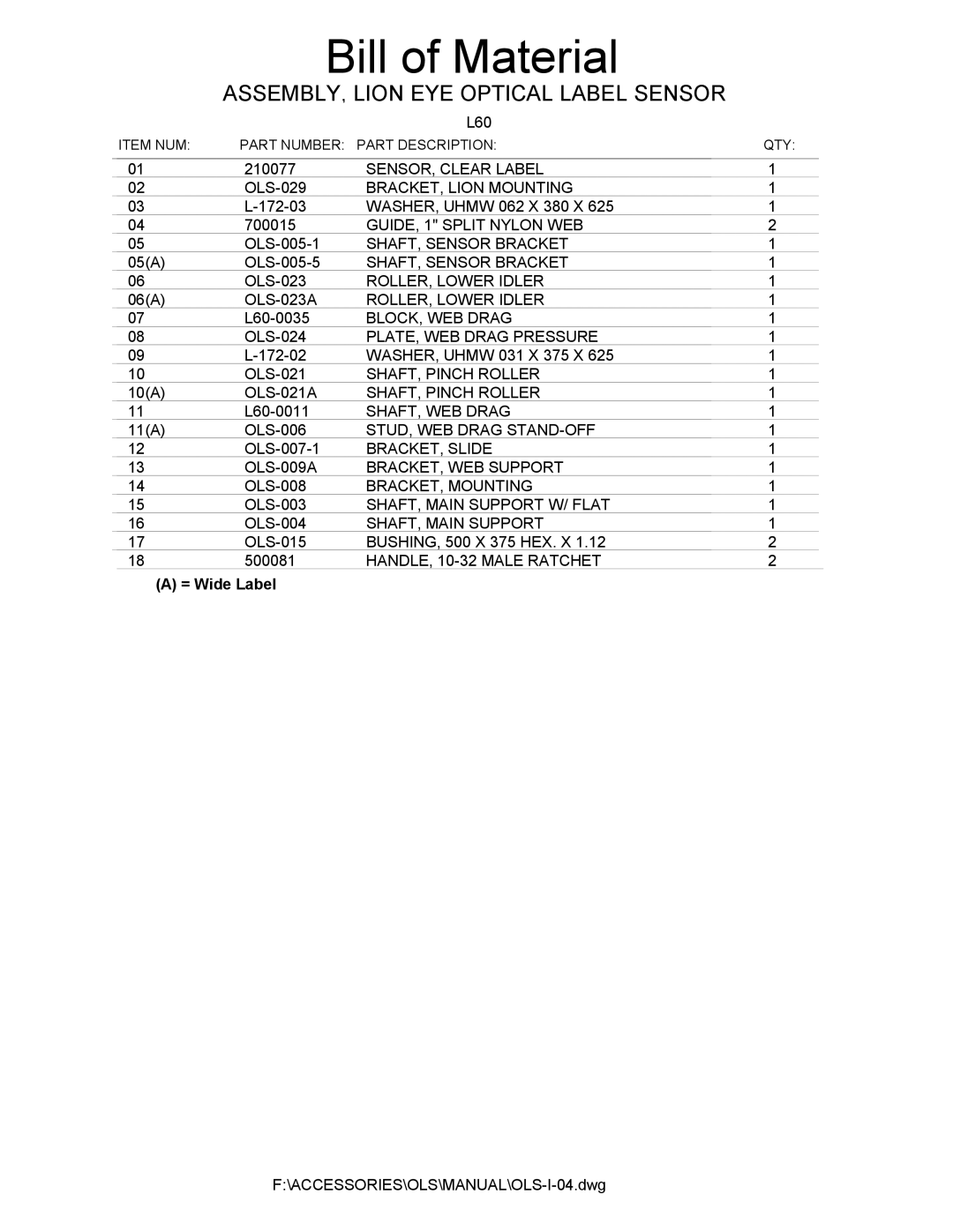 Universal L60 manual ASSEMBLY, Lion EYE Optical Label Sensor 