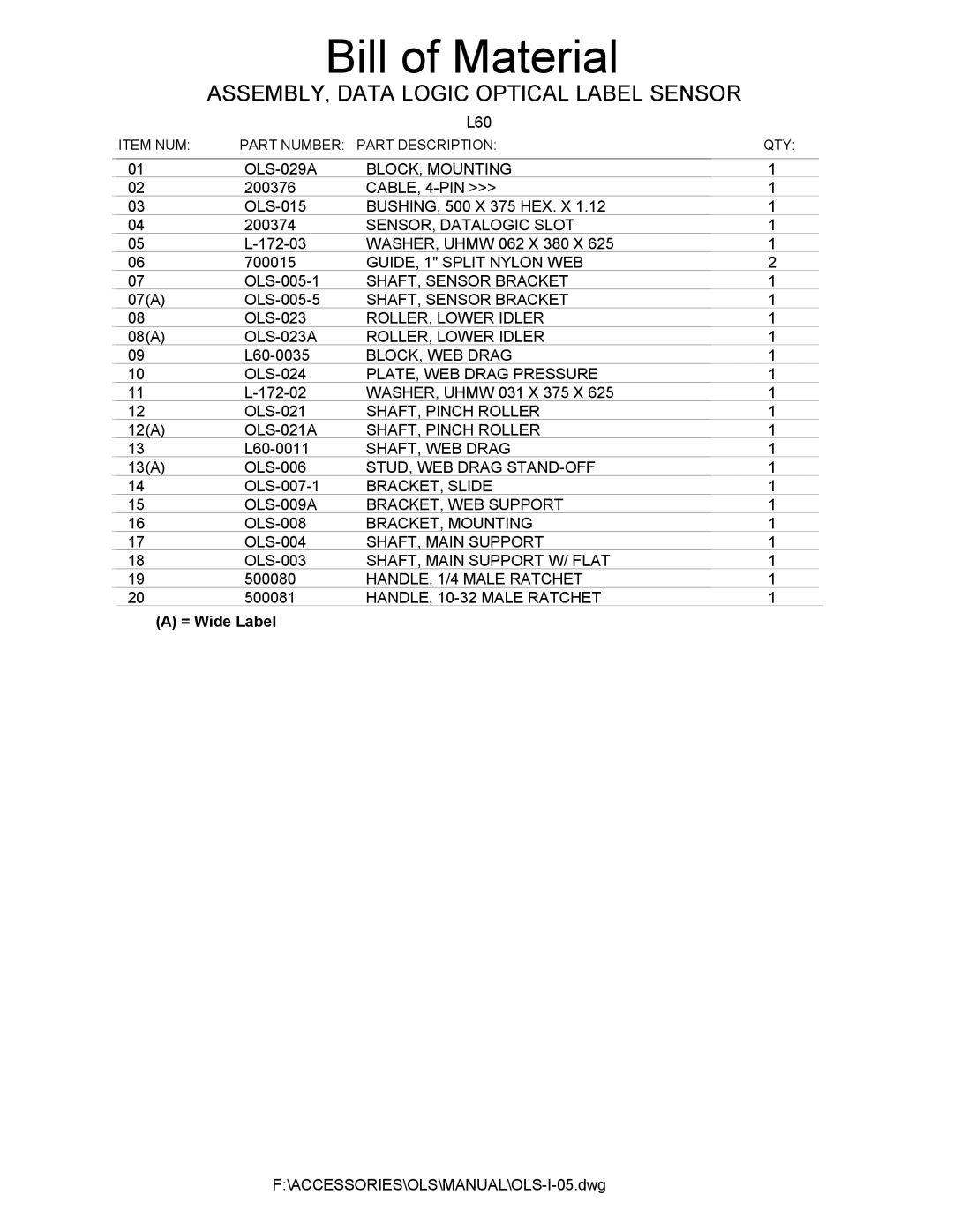 Universal L60 manual ASSEMBLY, Data Logic Optical Label Sensor 