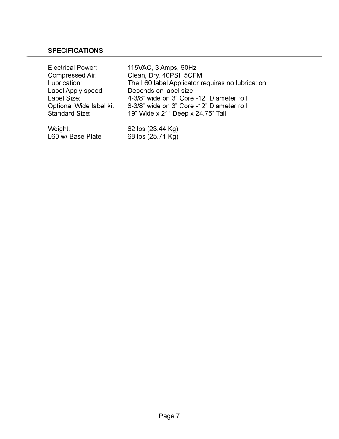 Universal L60 manual Specifications 