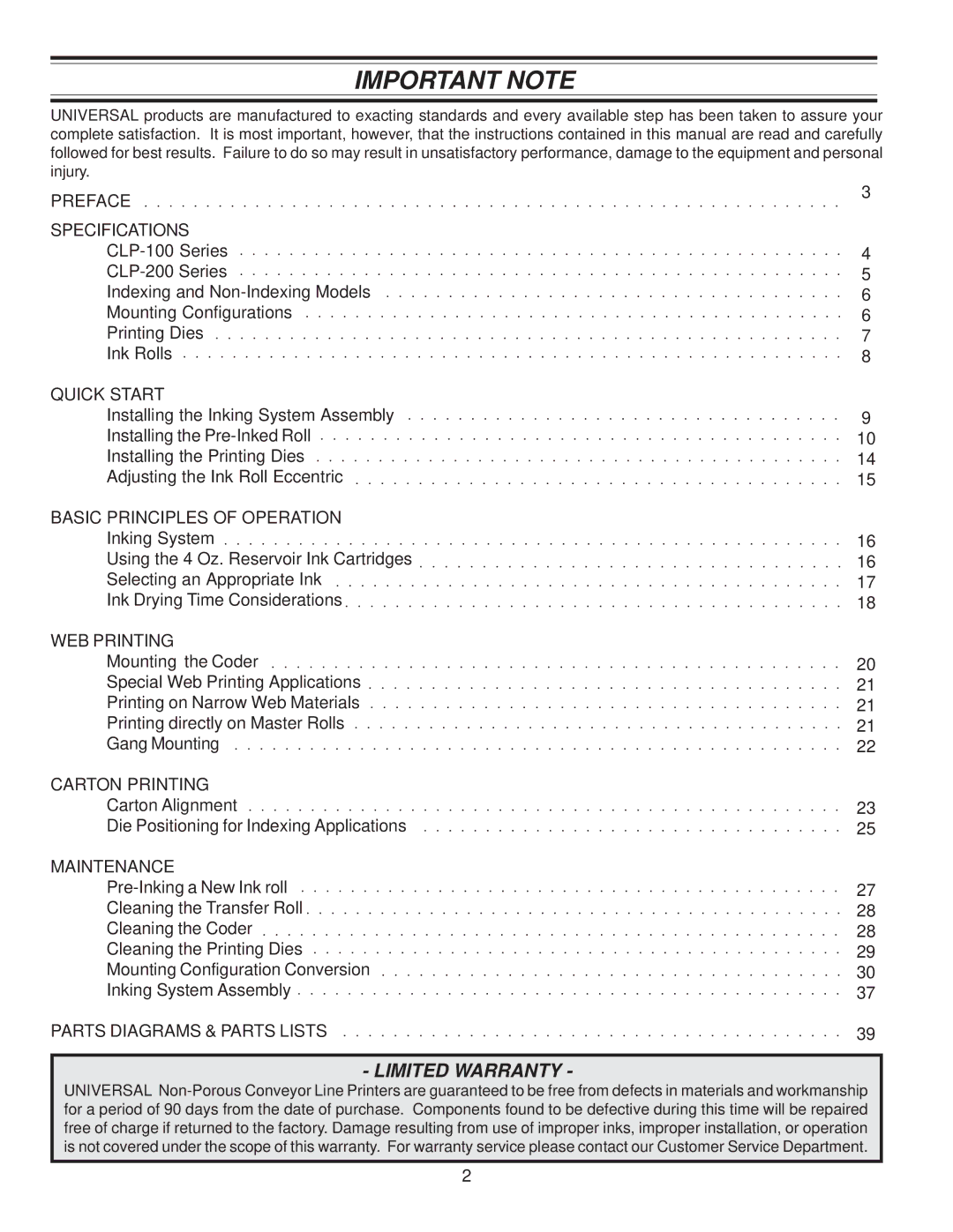 Universal Laser Systems CLP-100NI-NPRT manual Important Note, Preface Specifications 