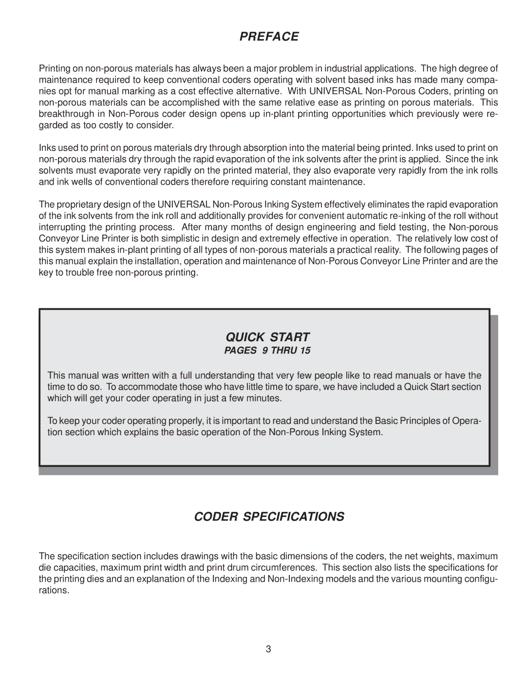 Universal Laser Systems CLP-100NI-NPRT manual Preface, Quick Start, Coder Specifications 