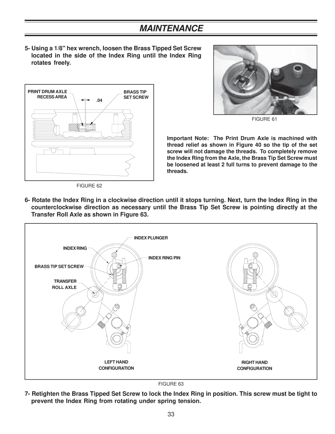 Universal Laser Systems CLP-100NI-NPRT manual Print Drum Axle Brass TIP Recess Area SET Screw 