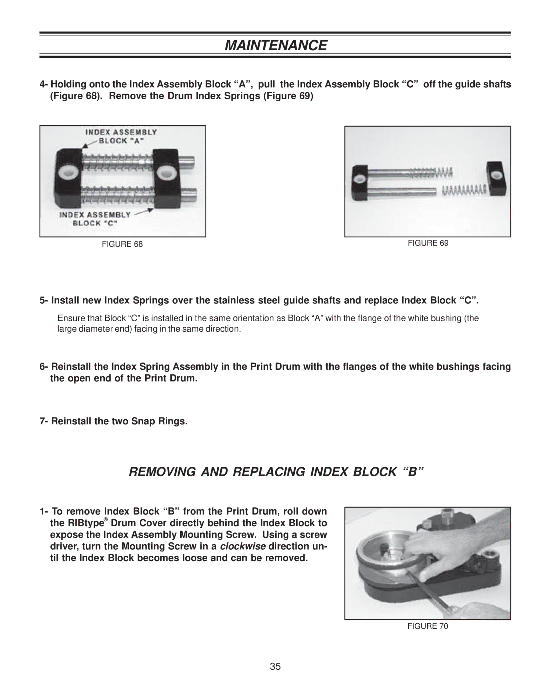 Universal Laser Systems CLP-100NI-NPRT manual Removing and Replacing Index Block B 