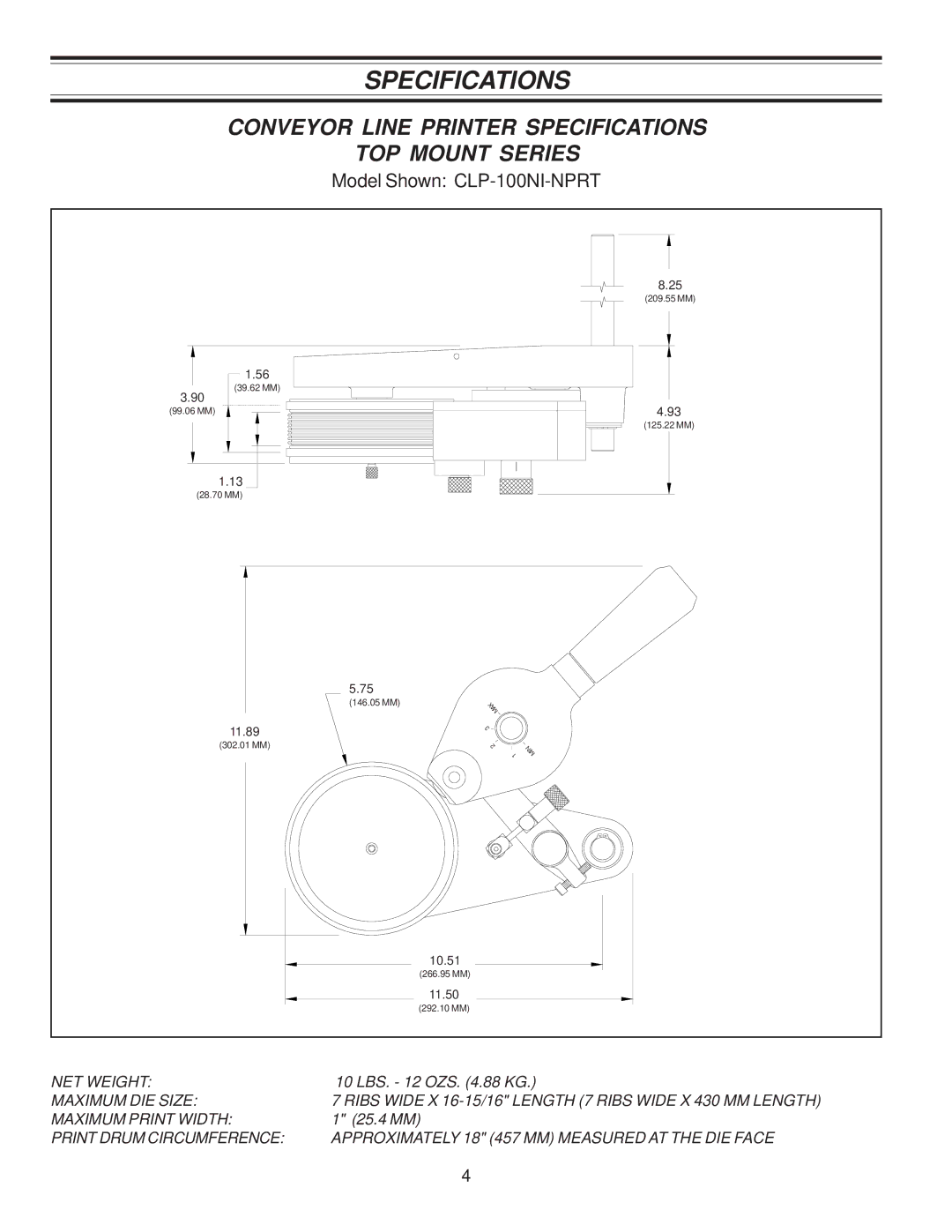 Universal Laser Systems CLP-100NI-NPRT manual Conveyor Line Printer Specifications TOP Mount Series 