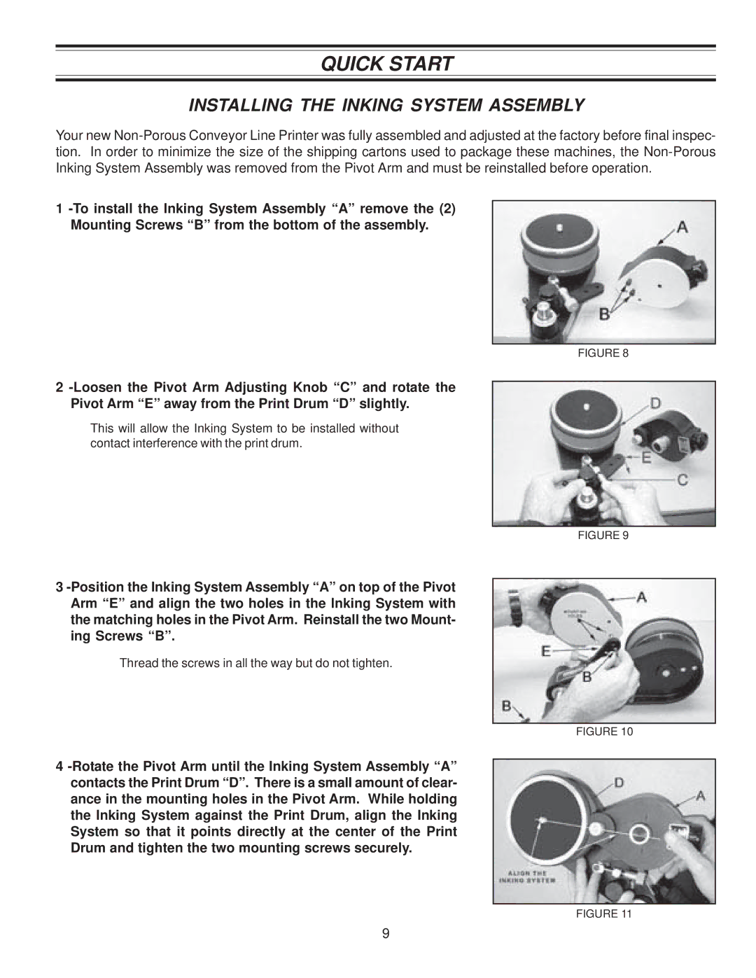 Universal Laser Systems CLP-100NI-NPRT manual Quick Start, Installing the Inking System Assembly 