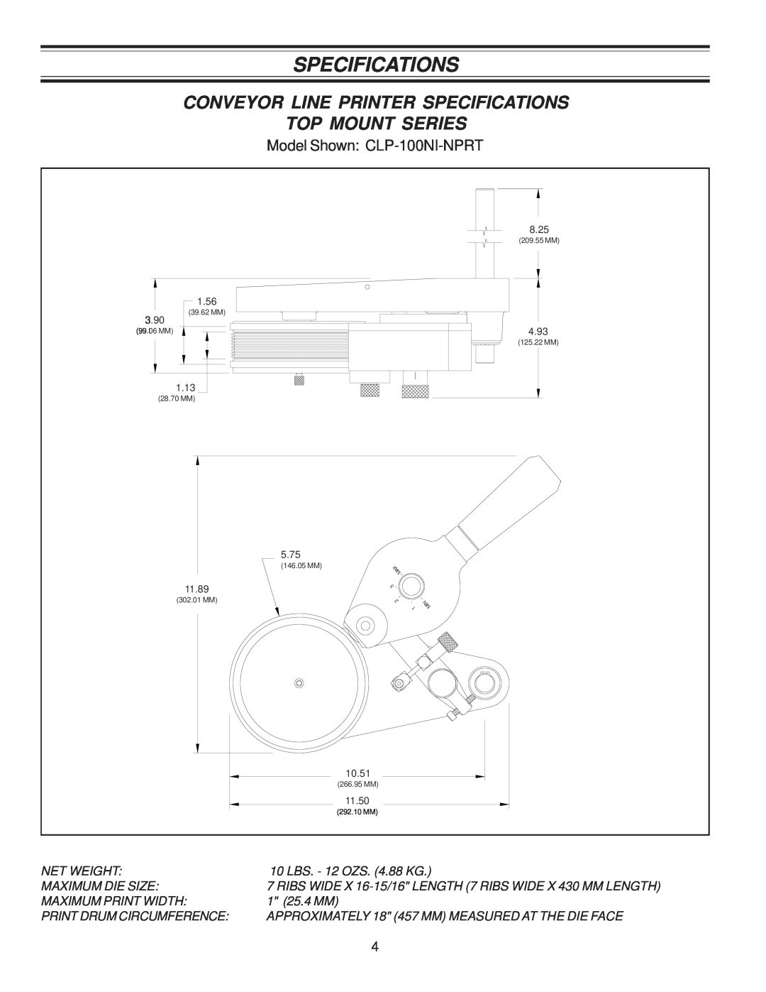 Universal Laser Systems CLP-100NI-NPRT manual Conveyor Line Printer Specifications Top Mount Series 