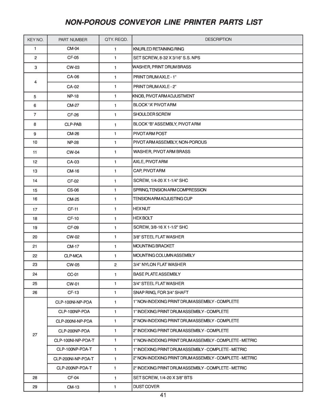Universal Laser Systems CLP-100NI-NPRT manual Non-Porous Conveyor Line Printer Parts List, CF-11 