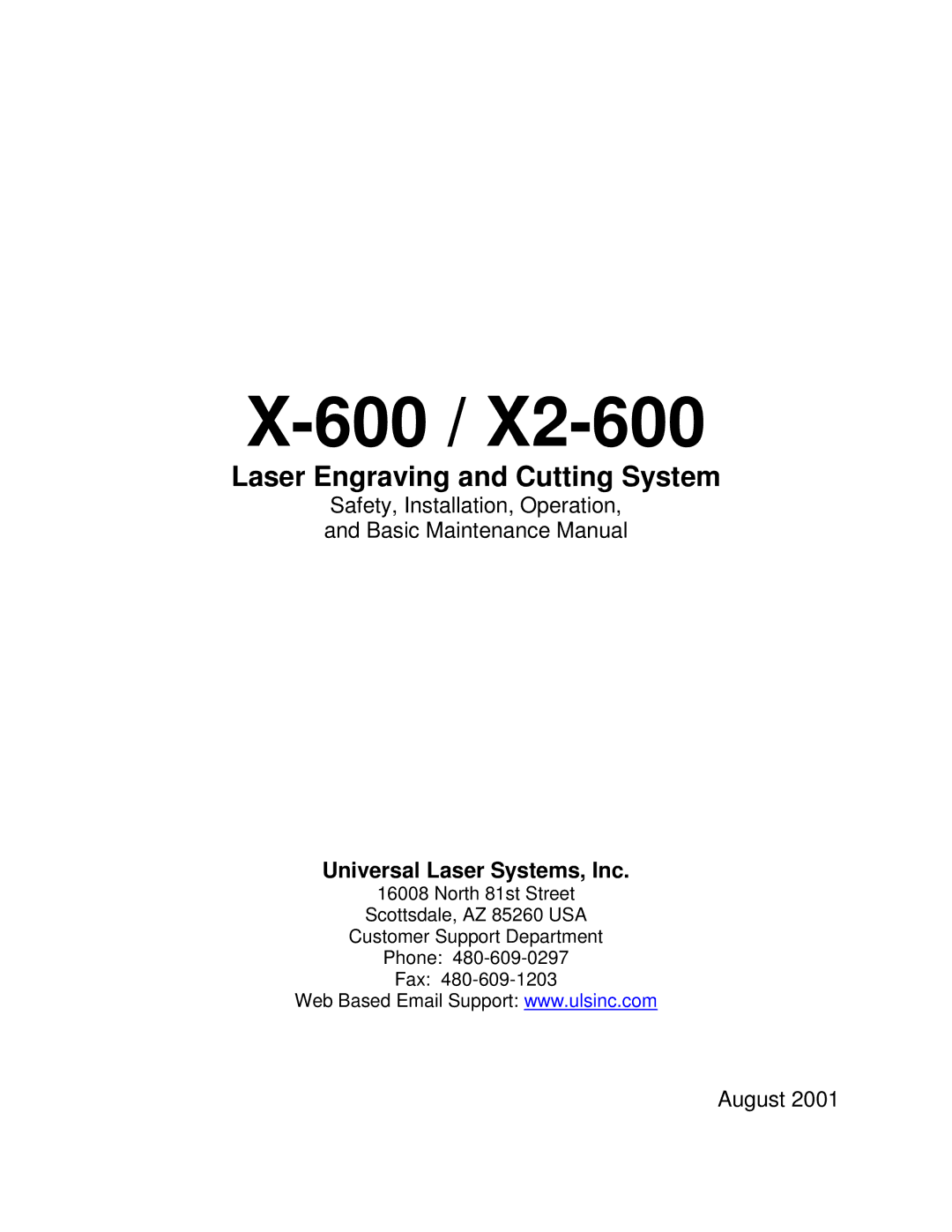 Universal Laser Systems X2-600, X-600 manual 