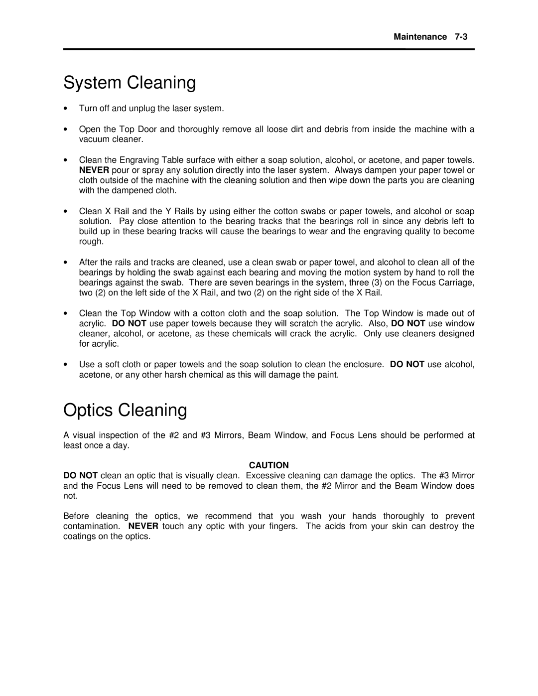 Universal Laser Systems X2-600, X-600 manual System Cleaning, Optics Cleaning 