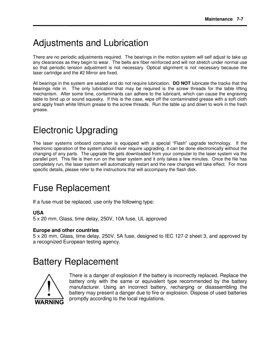 Universal Laser Systems X2-600 Adjustments and Lubrication, Electronic Upgrading, Fuse Replacement, Battery Replacement 