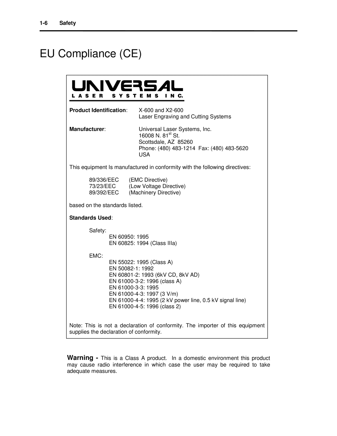 Universal Laser Systems X-600, X2-600 manual EU Compliance CE, Product Identification, Manufacturer, Standards Used 